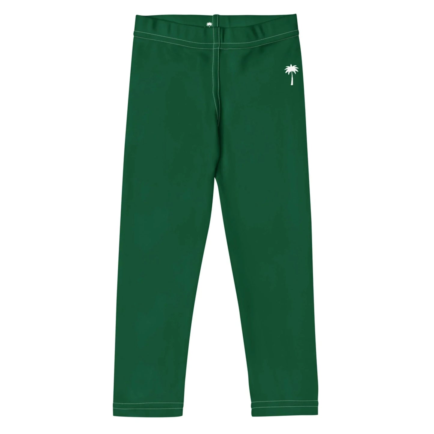 Green Mambí leggings with white stitching, featuring a small white palm tree graphic near the waistband on the left side. The leggings are laid flat on a white background.