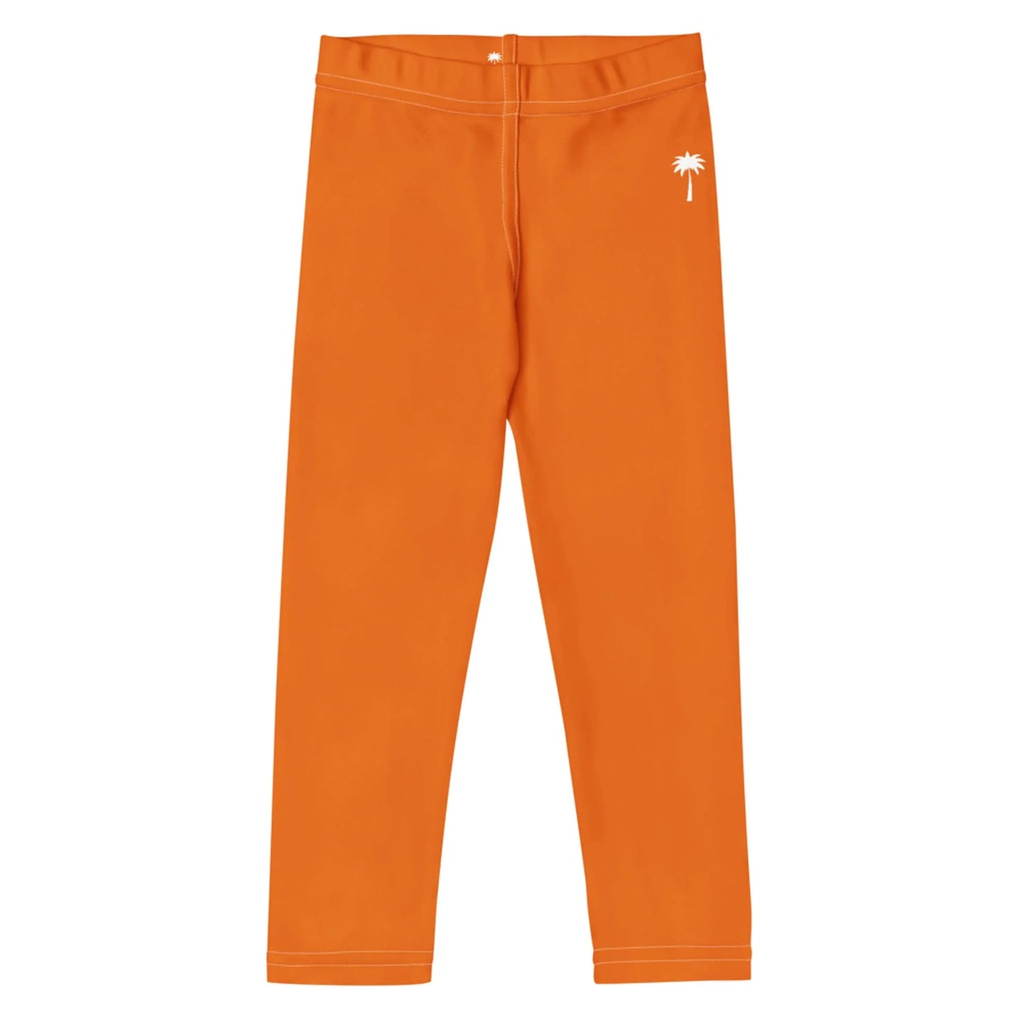 Bright orange Mambí leggings with white stitching and a small white palm tree graphic near the left hip, displayed flat on a white background.