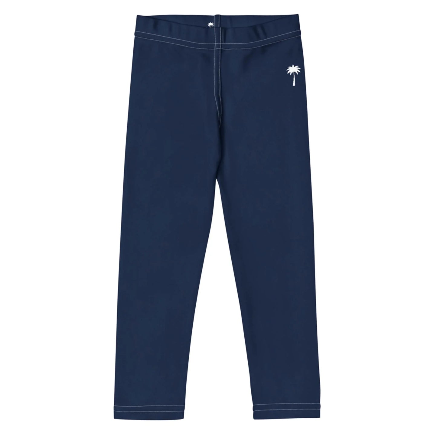 Navy blue Mambí leggings with white stitching, featuring a small white palm tree graphic near the waist on the left side. The leggings are laid flat against a white background.
