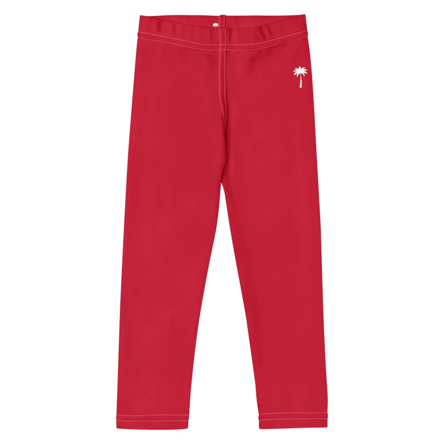 Red leggings with white stitching and a small white palm tree graphic near the waistband on one side, inspired by Mambí style, displayed on a white background.