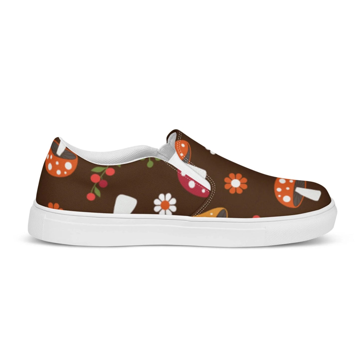 The Mario Handmade Slip-On Canvas Shoes by Printful feature a brown canvas with playful orange mushrooms, red berries, and flowers. With a white sole and inner lining, these shoes add a bold touch to your style.