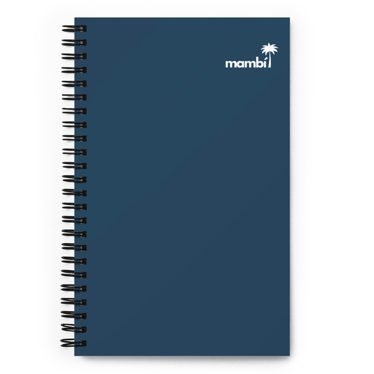 A navy blue custom wire-bound notebook featuring a small white palm tree and the word mambi in the top right corner of the cover.