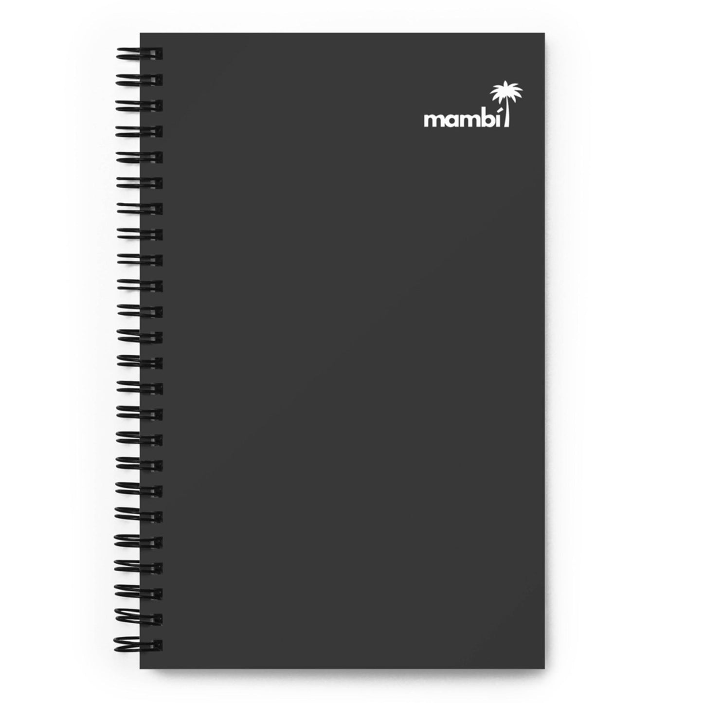 A black custom wire-bound notebook with a plain cover. The top right corner features a small white palm tree graphic and the word mambi in white text, making it a stylish motivational notebook for your daily notes.