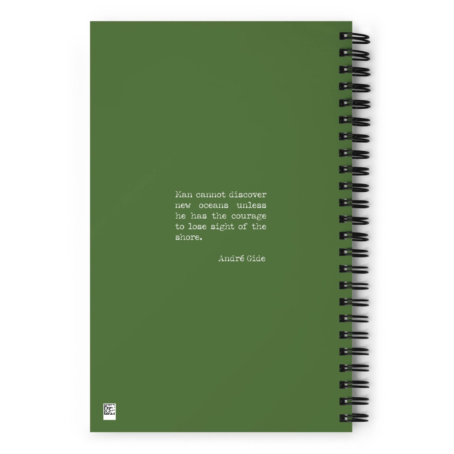 A green custom wire-bound notebook with a dotted paper interior features a centered quote in white: Man cannot discover new oceans unless he has the courage to lose sight of the shore. André Gide.