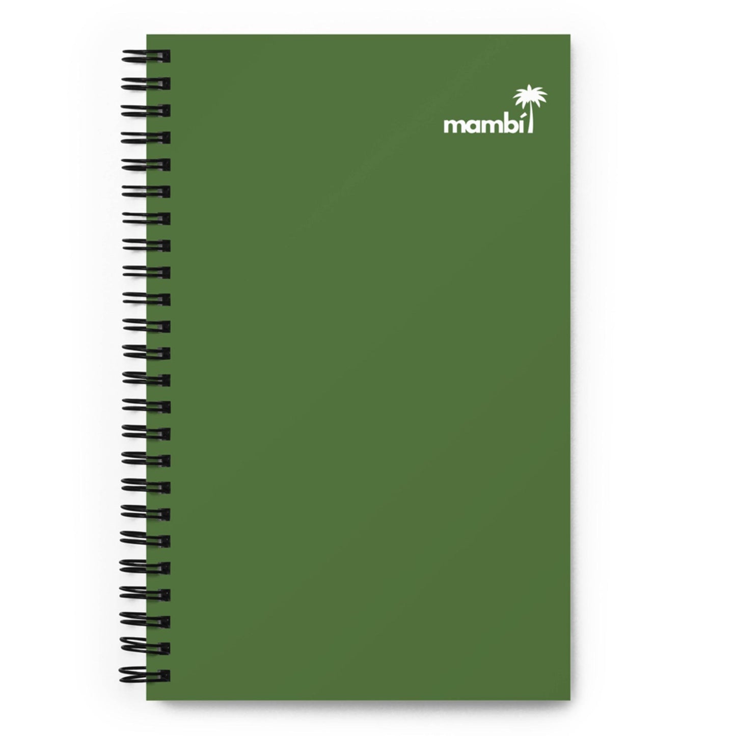 A green spiral notebook with mambi and a small white palm tree graphic printed in the top right corner of the cover.