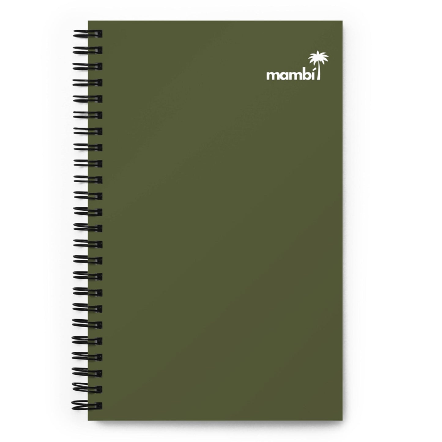 A dark green custom wire-bound notebook with the word mambi and a small palm tree icon printed in white at the top right corner of the cover.