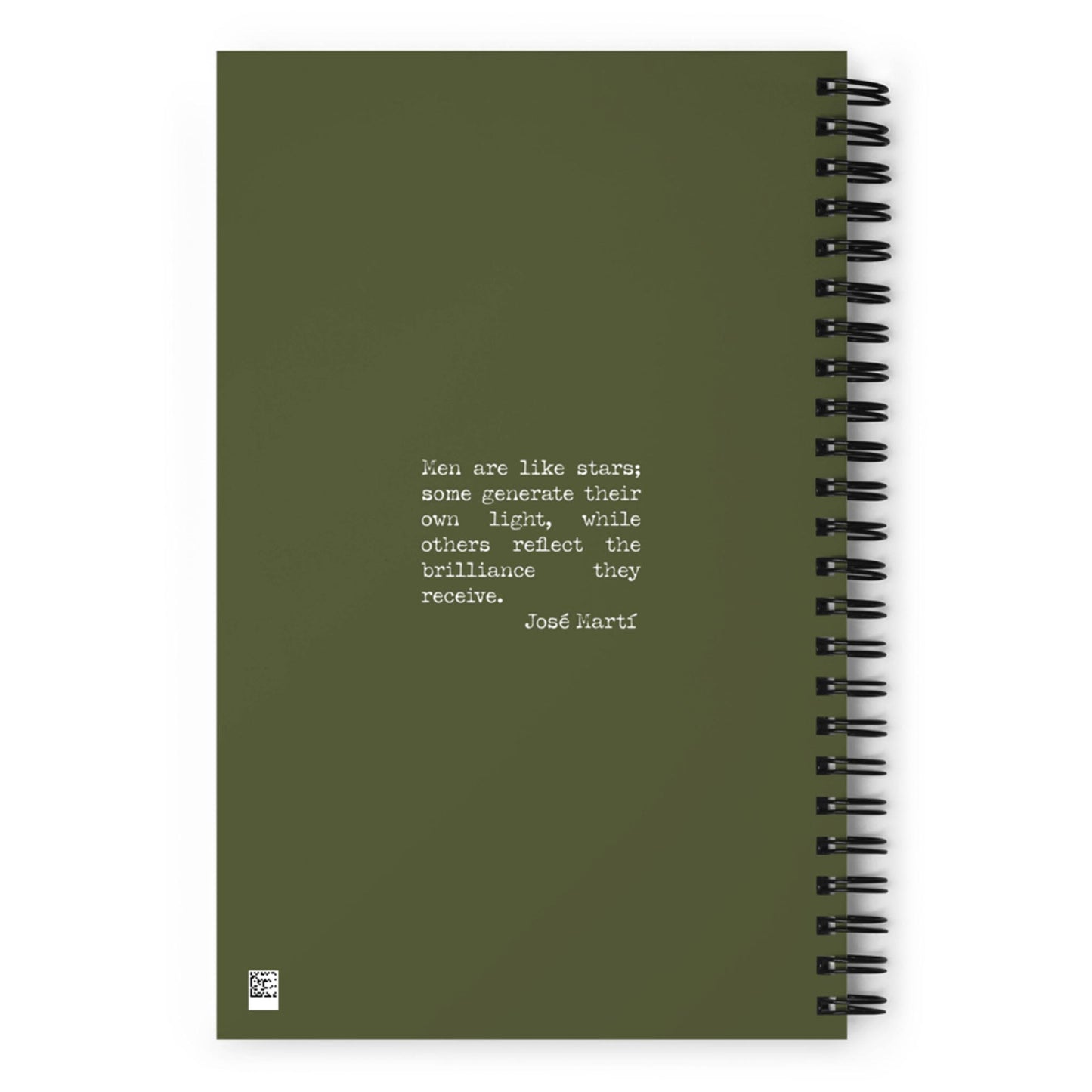 A green spiral custom wire-bound notebook with a white typewritten quote on the cover: Men are like stars; some generate their own light, while others reflect the brilliance they receive. - José Martí. Perfect as your daily companion notebook.
