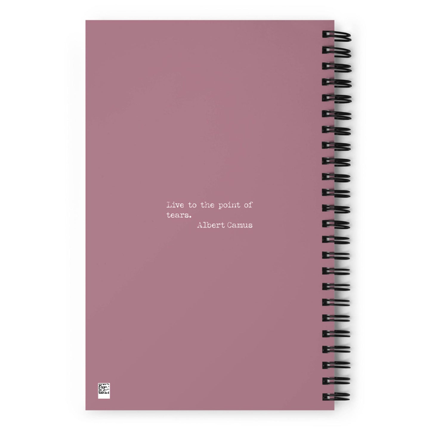 A mauve custom wire-bound notebook with the quote Live to the point of tears. Albert Camus printed in small white letters at the center. A small white square logo appears in the bottom left corner—perfect as your daily companion notebook.