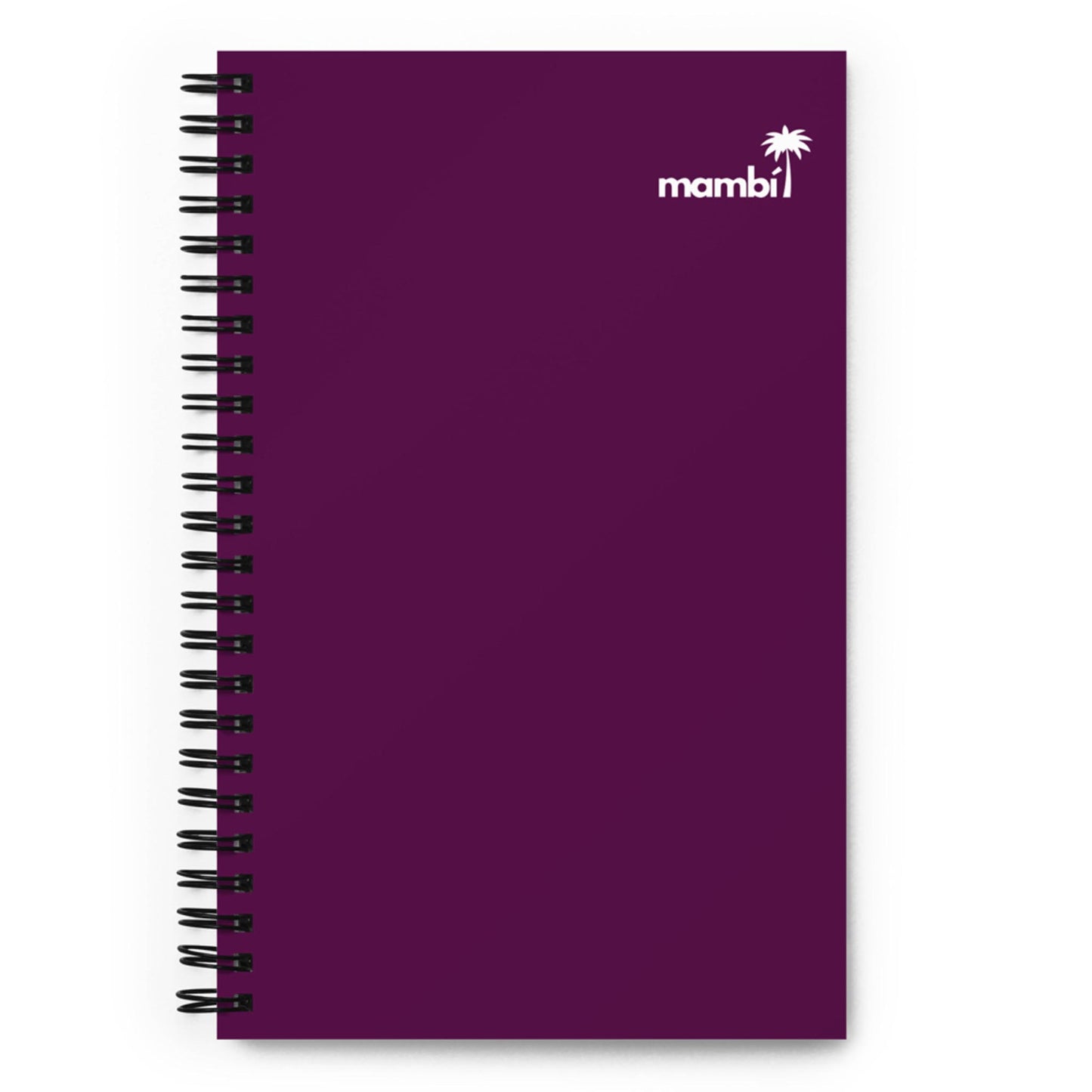 A custom wire-bound notebook with a solid dark purple cover, featuring a small white palm tree and the word mambi in white in the top right corner.
