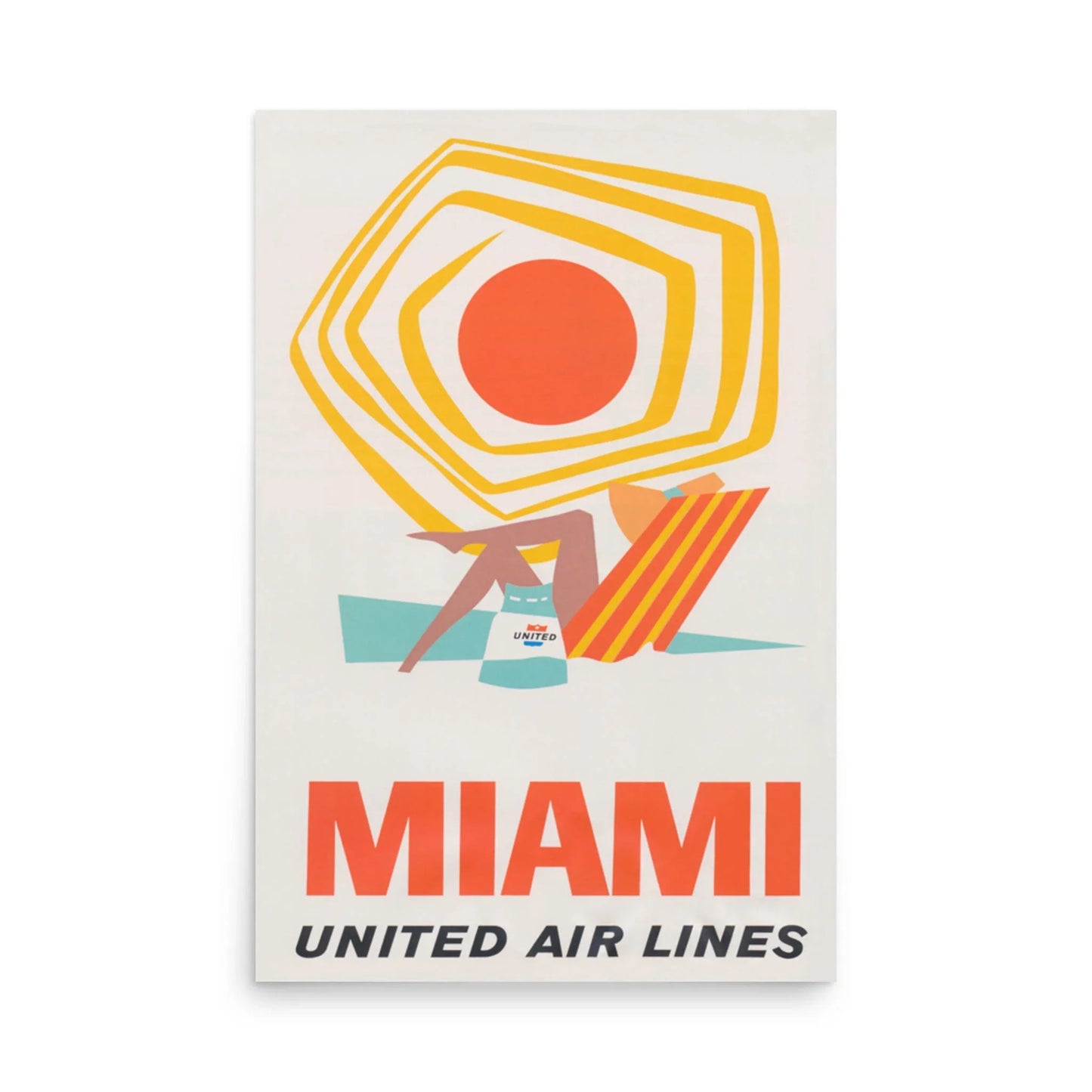 A vintage United Air Lines poster features a stylized sun umbrella, a person lounging on a striped chair, and bold “MIAMI” text above “UNITED AIR LINES.” Bright colors and Mambí flair evoke the vibrancy of a sunny beach scene.
