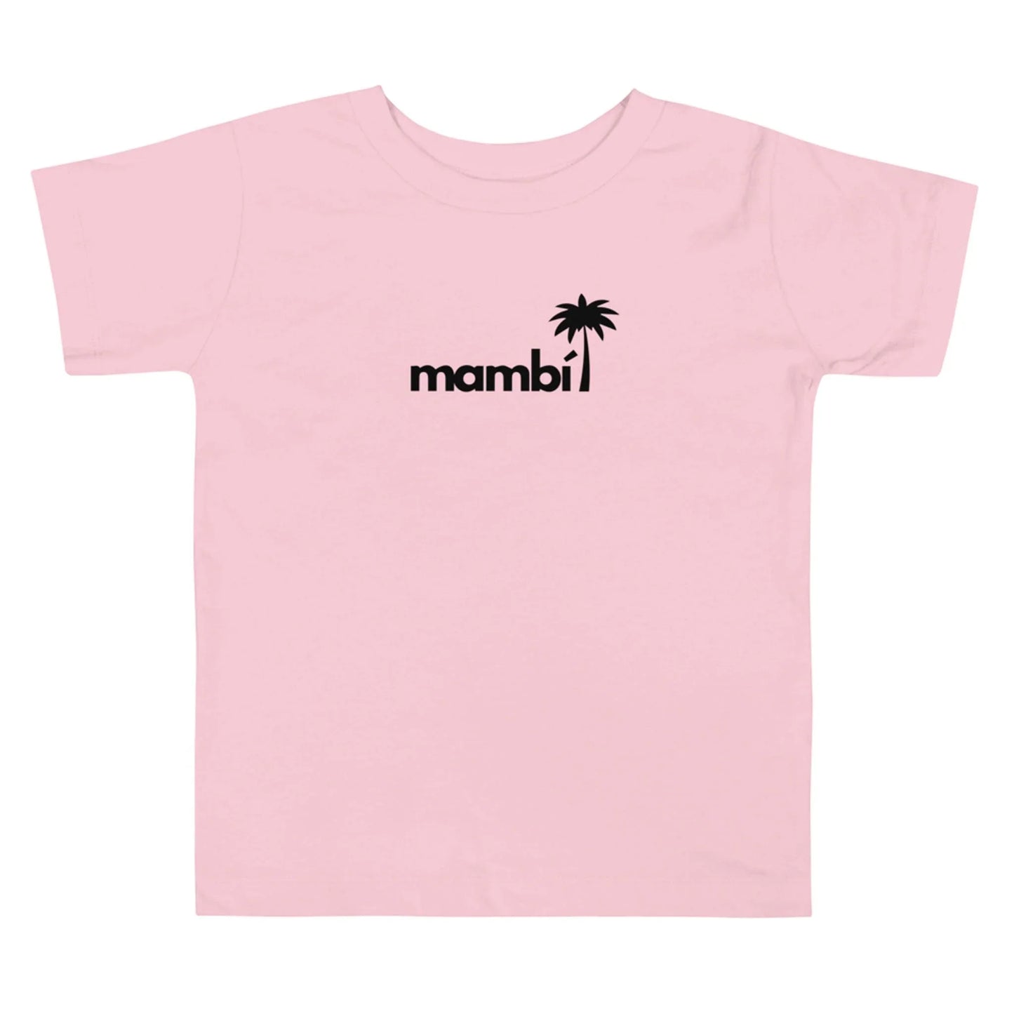 A light pink Mambí t-shirt featuring the word mambi in black lowercase letters, with a black palm tree graphic replacing the letter i.