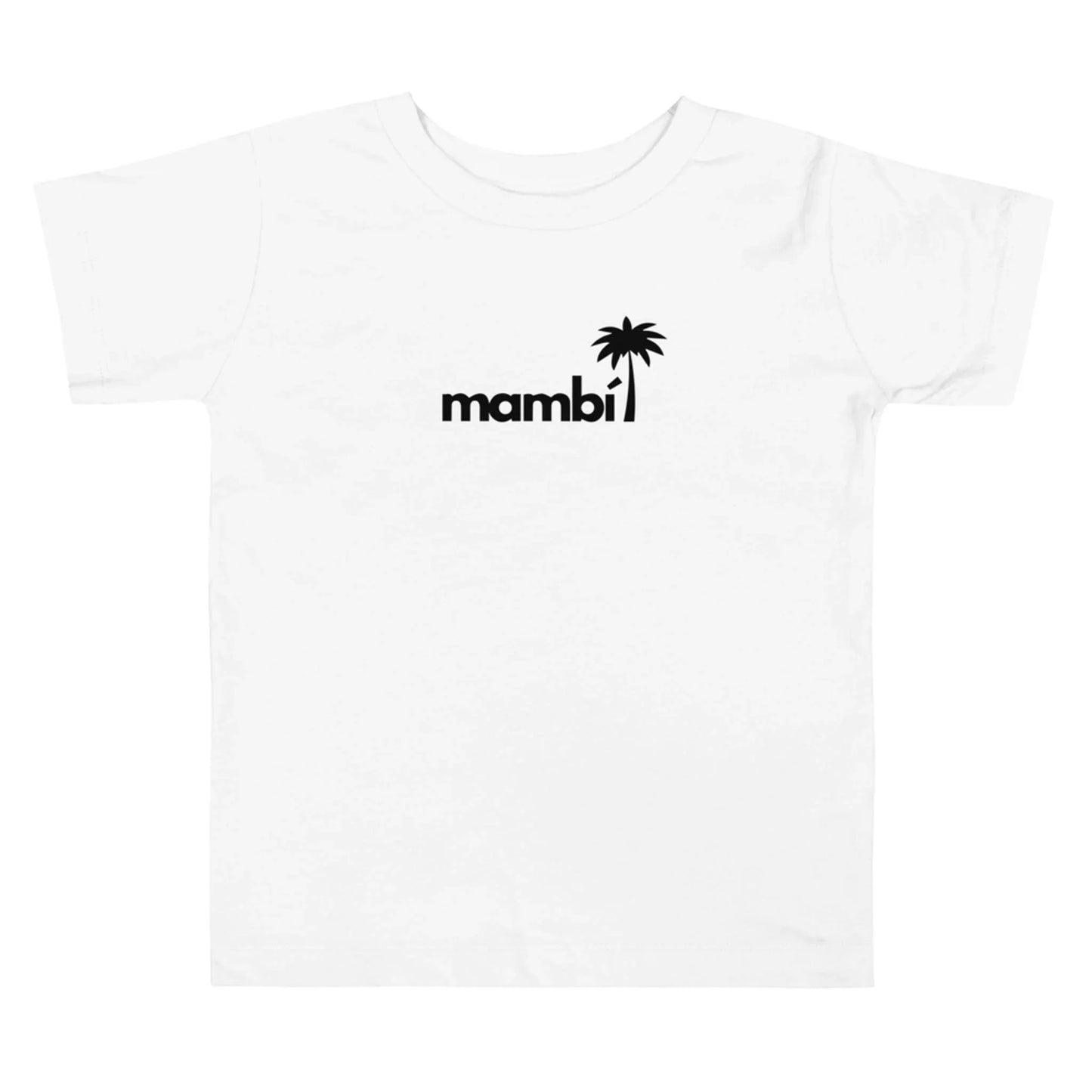 White t-shirt featuring Mambí in black lowercase letters across the chest, with a black palm tree graphic cleverly forming the letter i.