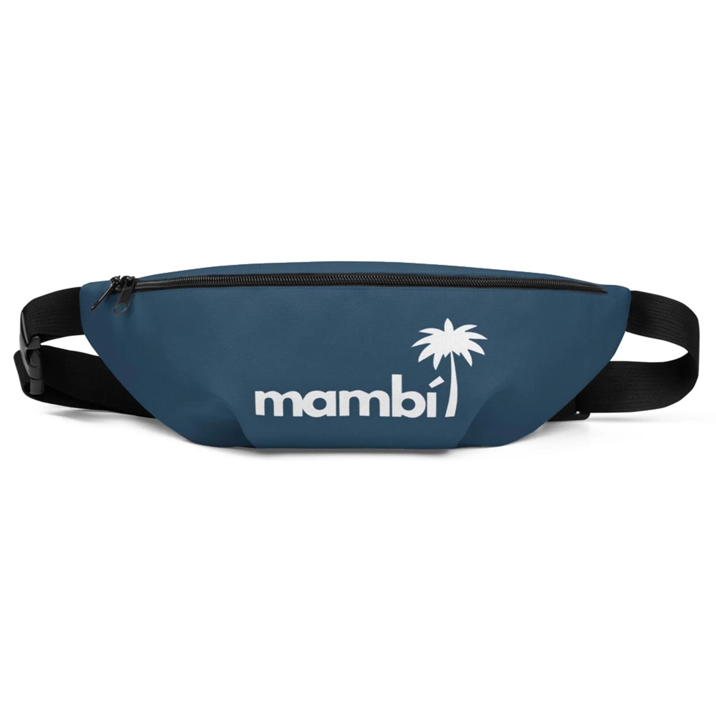 A blue Mambí fanny pack with a black adjustable strap. The front displays “mambi” in white lowercase letters next to a white palm tree graphic.