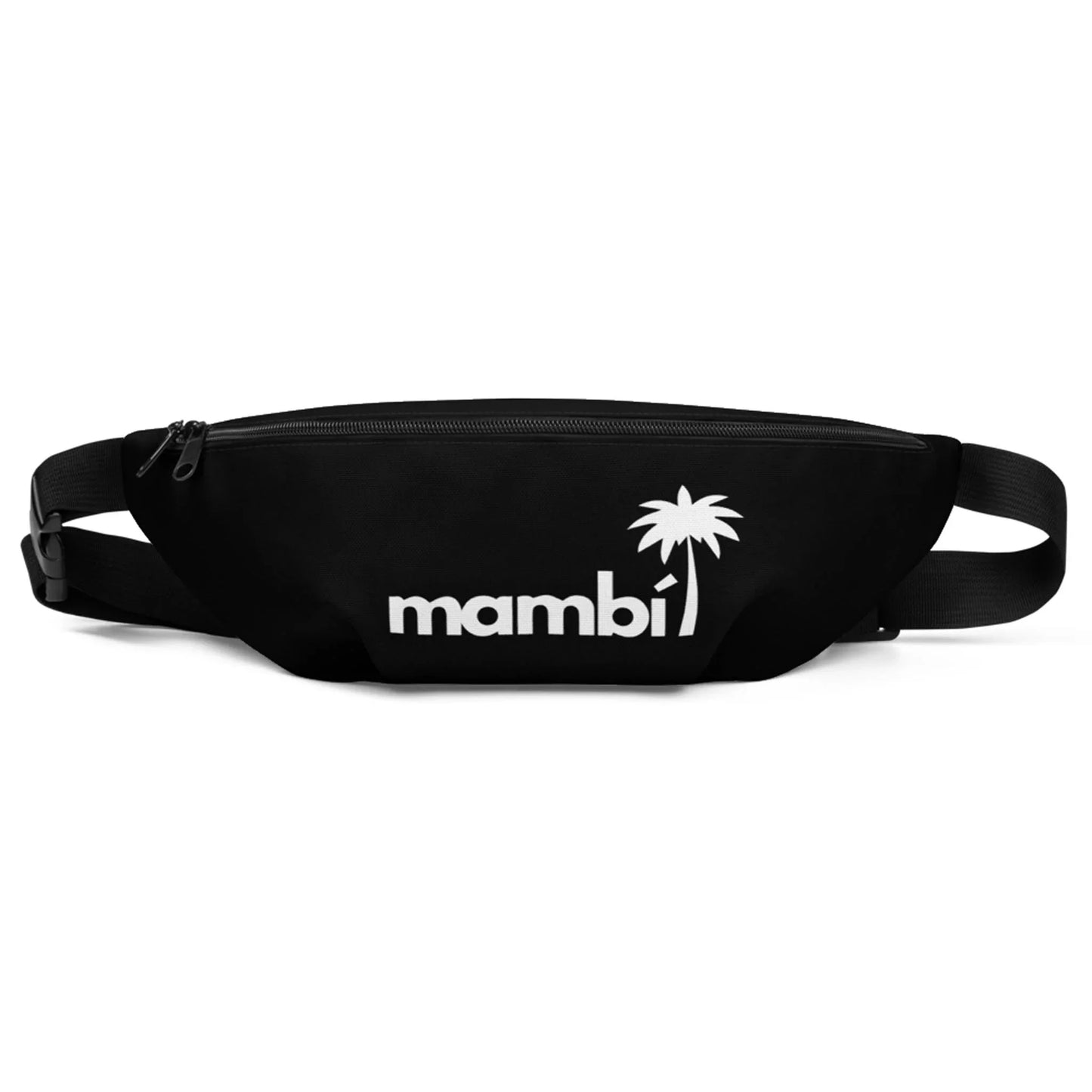 A black fanny pack with a zipper, adjustable strap, and the word Mambí in white beside a white palm tree graphic on the front.