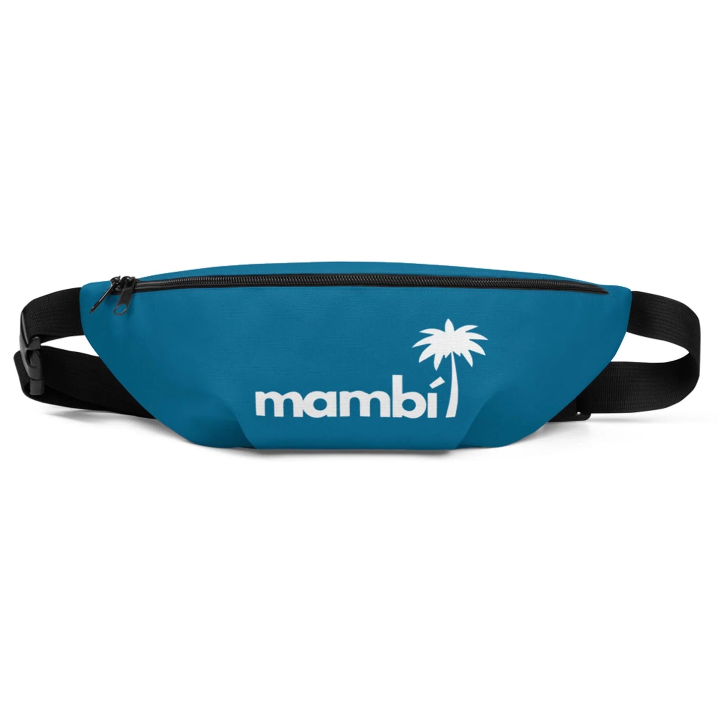 A blue fanny pack with a black adjustable strap, featuring the word Mambí and a white palm tree graphic on the front. The bag includes a zippered main compartment.