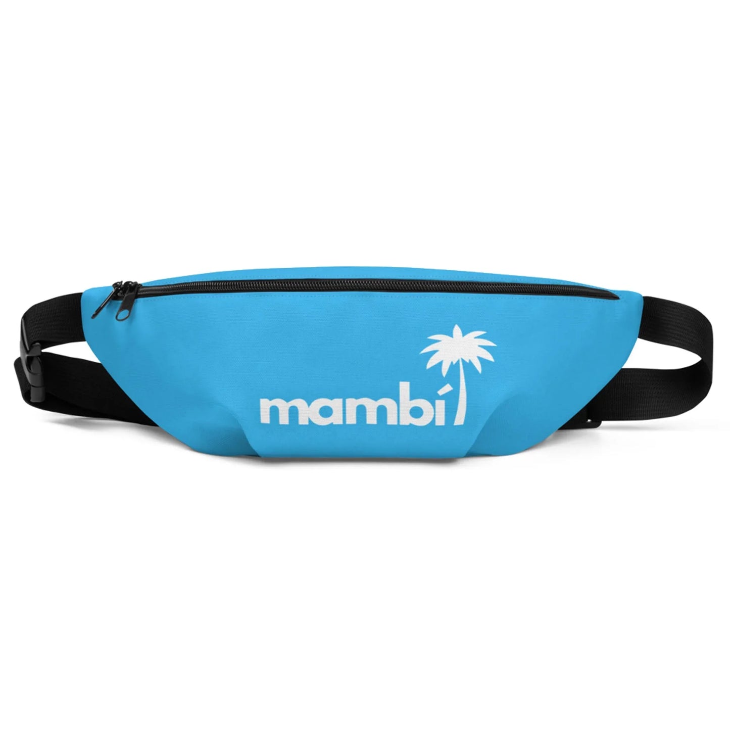 A blue fanny pack with a black zipper and strap, featuring a white palm tree graphic and the word Mambí on the front.