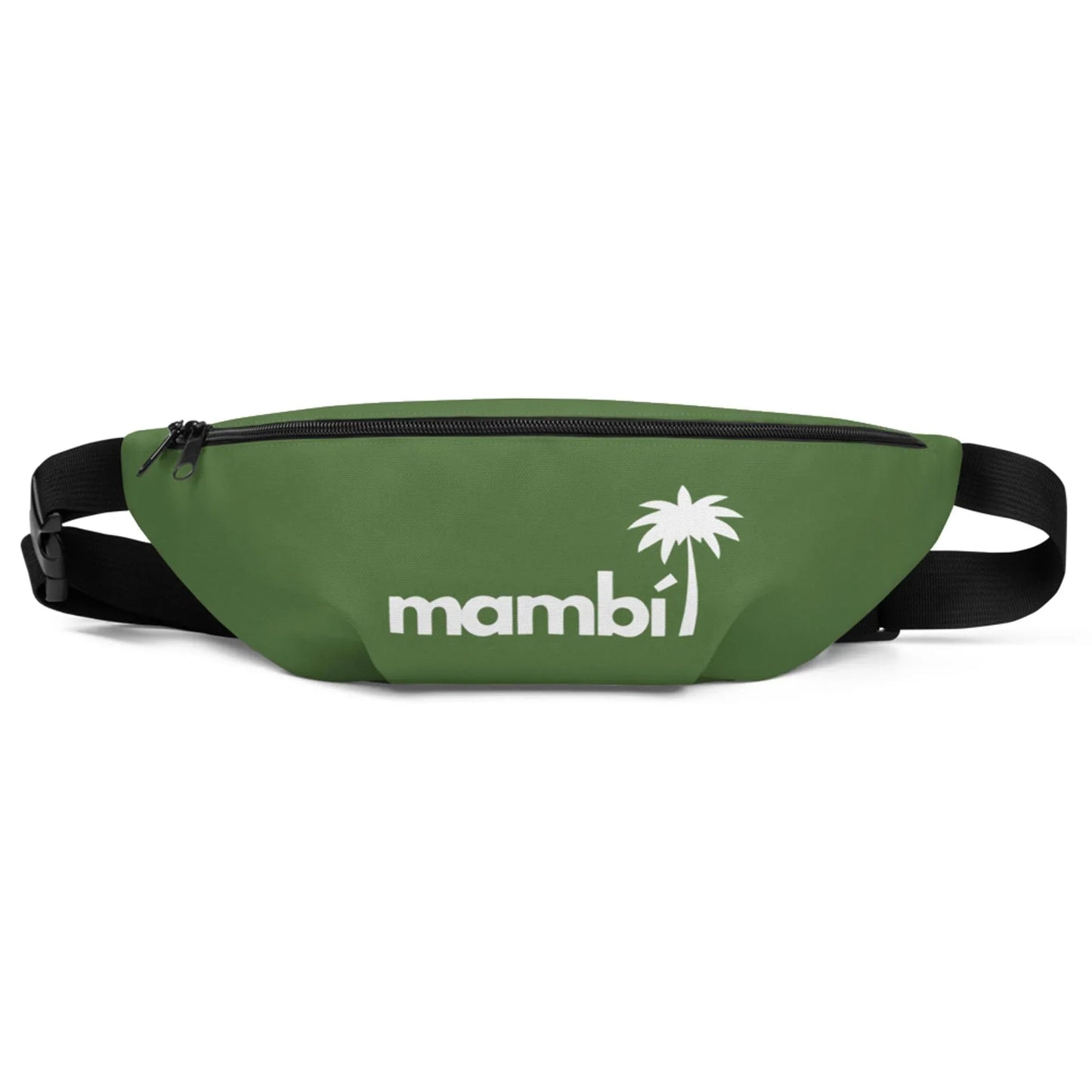 A green fanny pack with a black strap, featuring the word Mambí and a white palm tree graphic on the front. The zipper runs along the top.