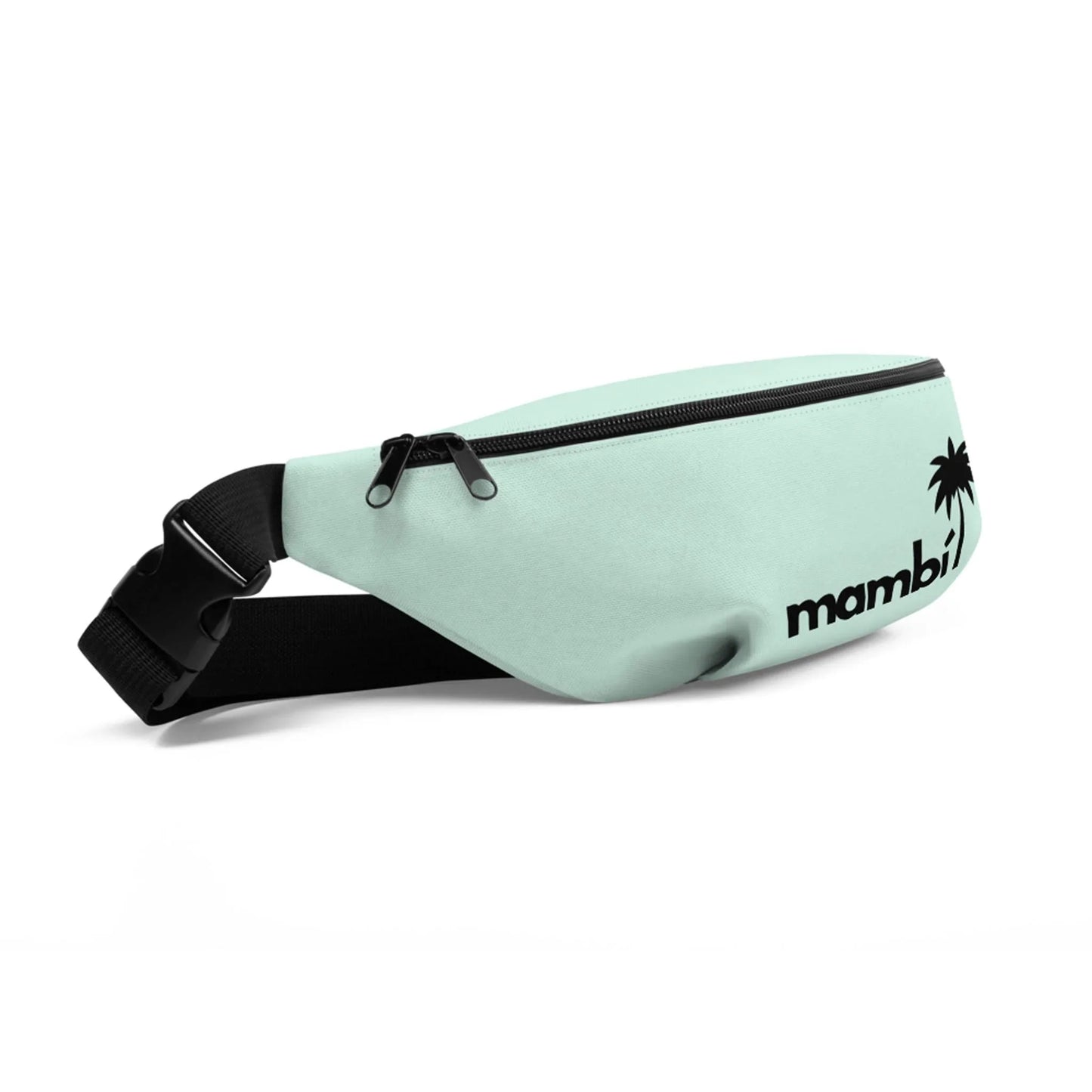 A light mint green fanny pack with a black adjustable strap, black zipper, and Mambí with a palm tree logo printed in black on the front.