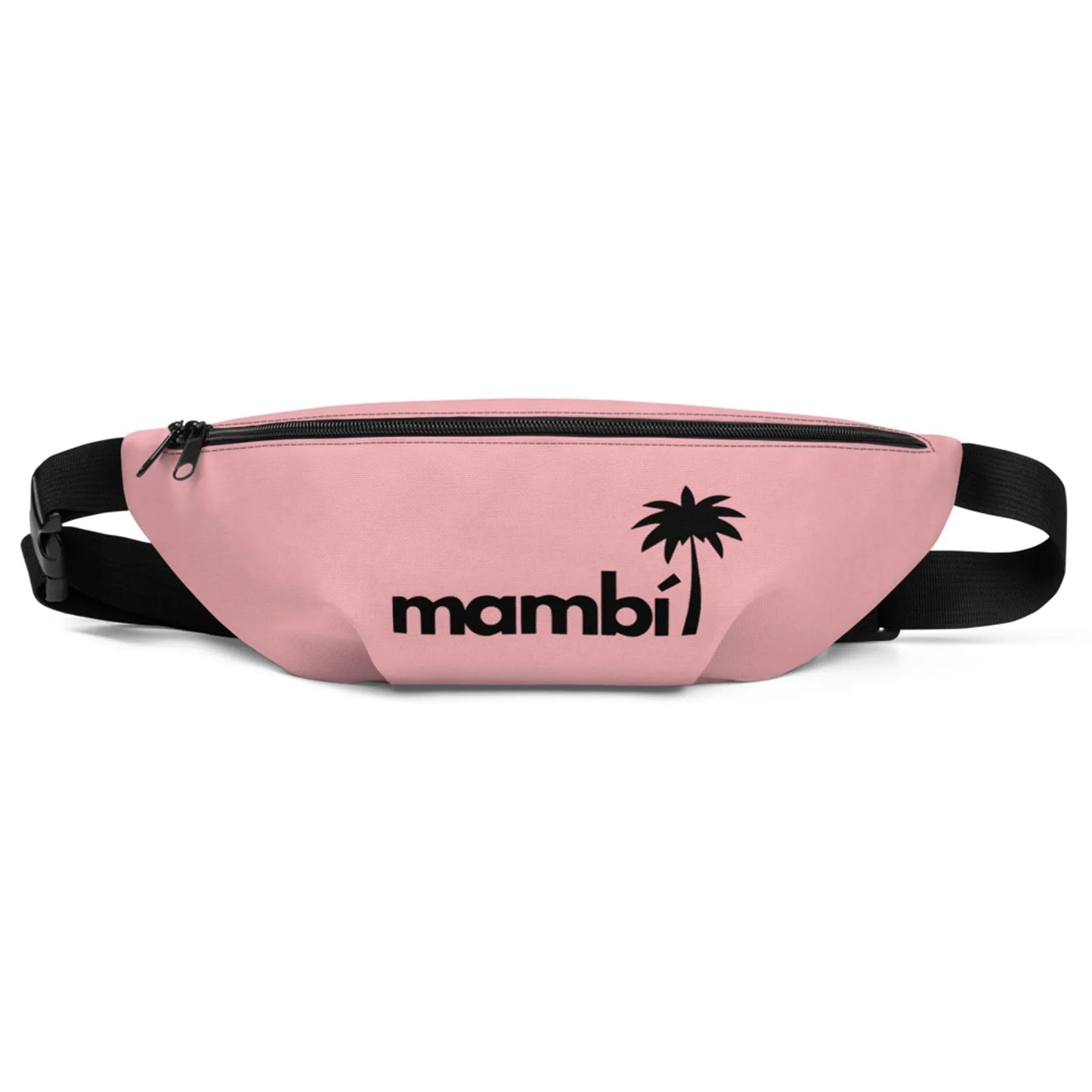 A pink fanny pack with a black zipper and adjustable strap. The word Mambí and a black palm tree graphic are printed on the front.