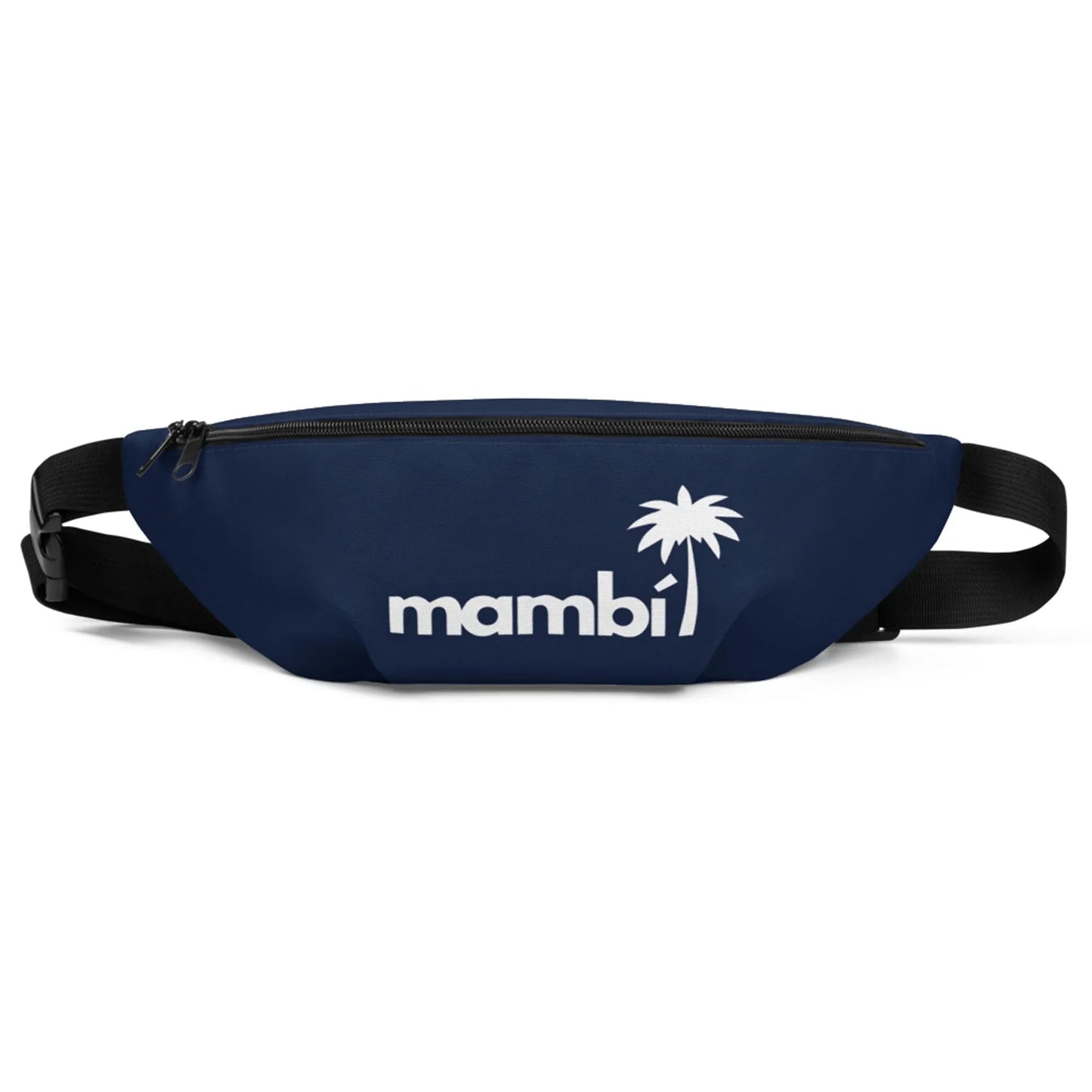A navy blue fanny pack with black adjustable straps, featuring the word Mambí and a white palm tree graphic on the front.