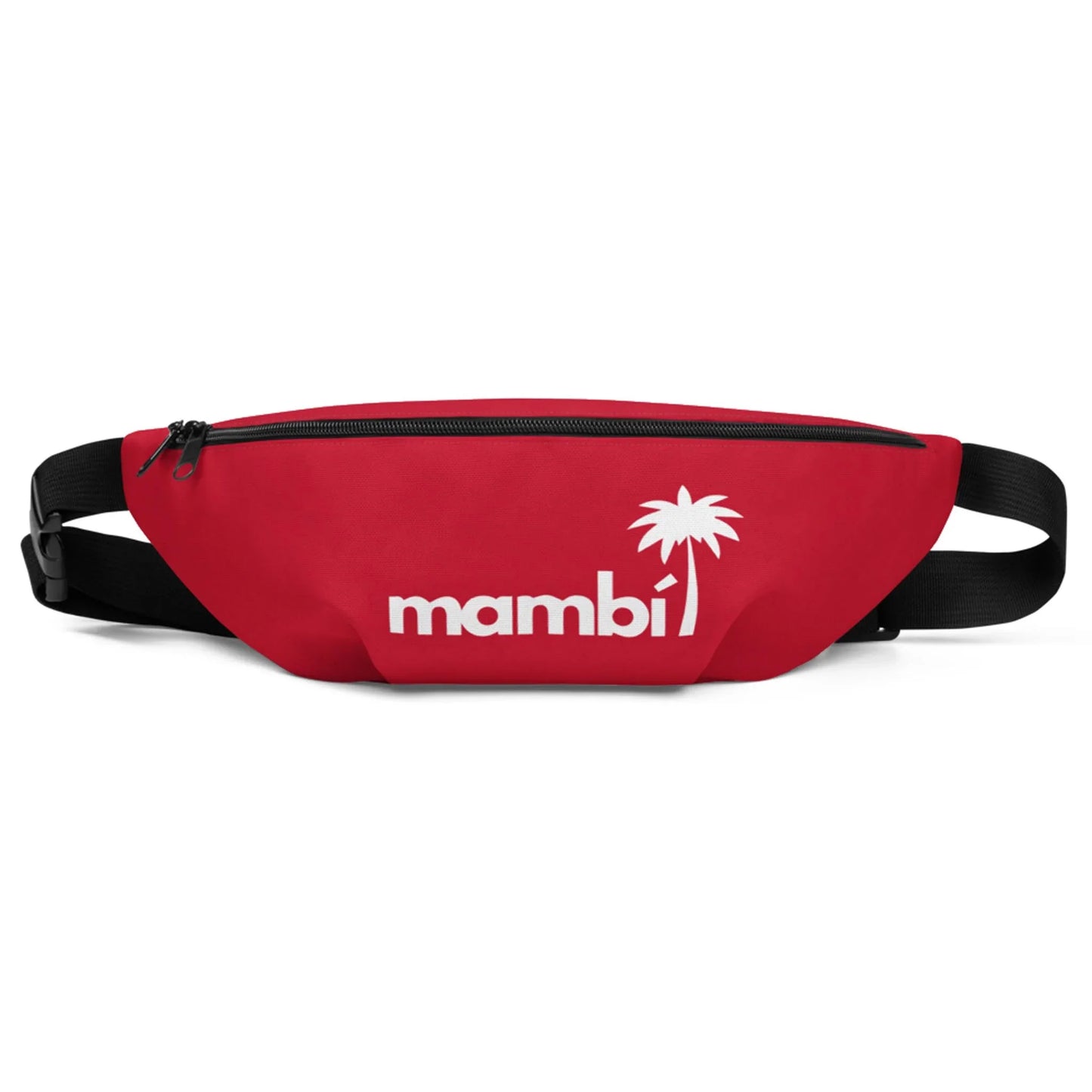 A red Mambí fanny pack with a black adjustable strap, black zipper, and the word mambi in white lowercase letters alongside a white palm tree graphic on the front.