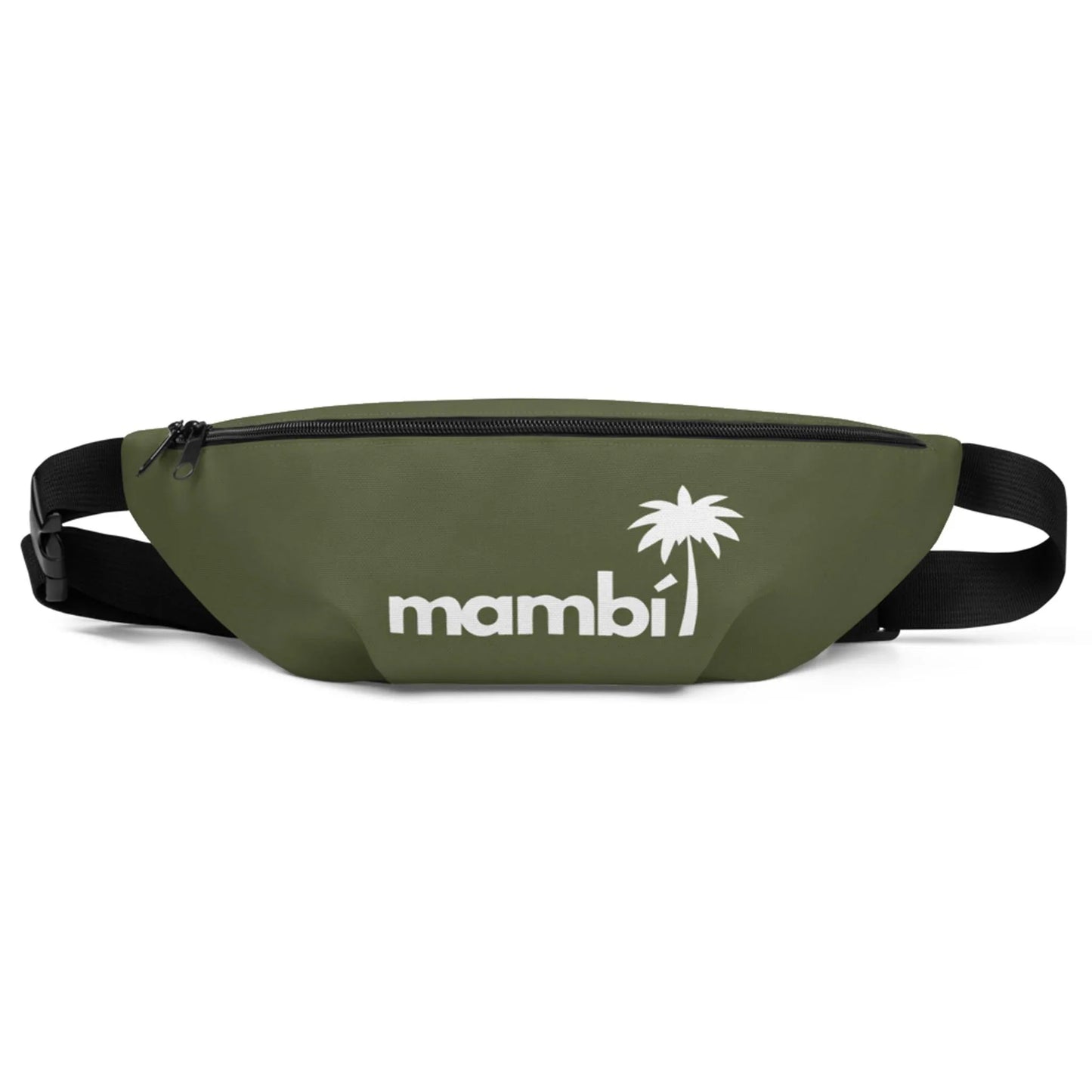 An olive green fanny pack with a black adjustable strap, featuring Mambí and a white palm tree graphic on the front.
