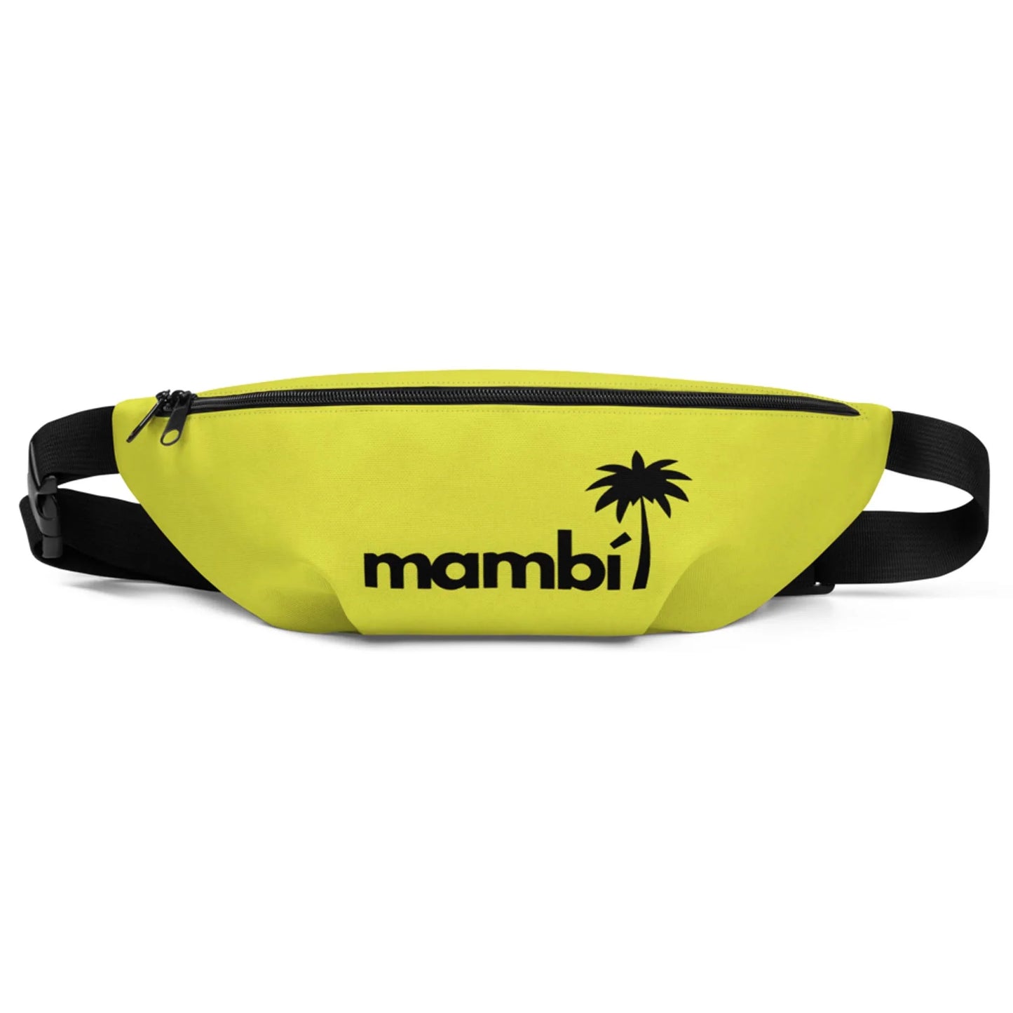 A yellow Mambí fanny pack with a black zipper and adjustable strap, featuring the word mambi and a black palm tree graphic on the front.