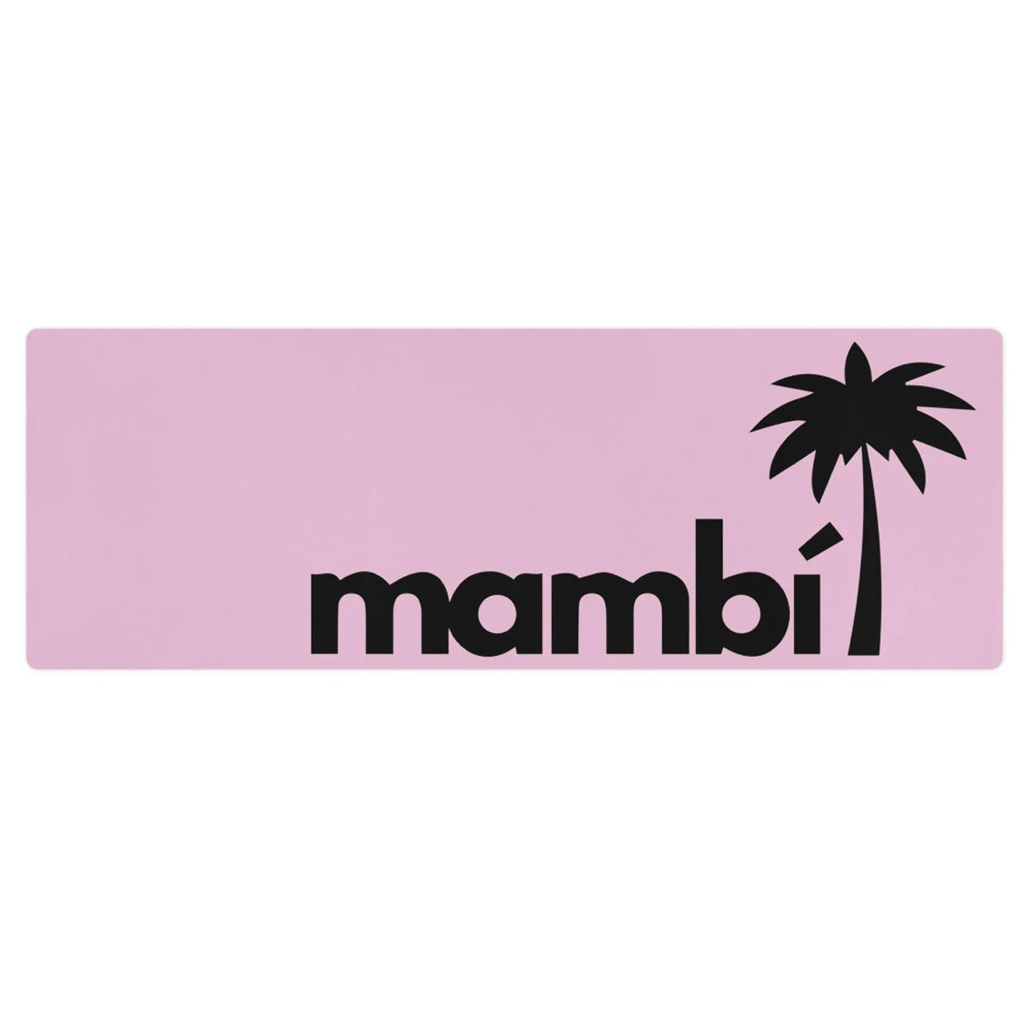 A rectangular pink mat features the word Mambí in bold black letters, with a black palm tree graphic above the letter i on the right side.