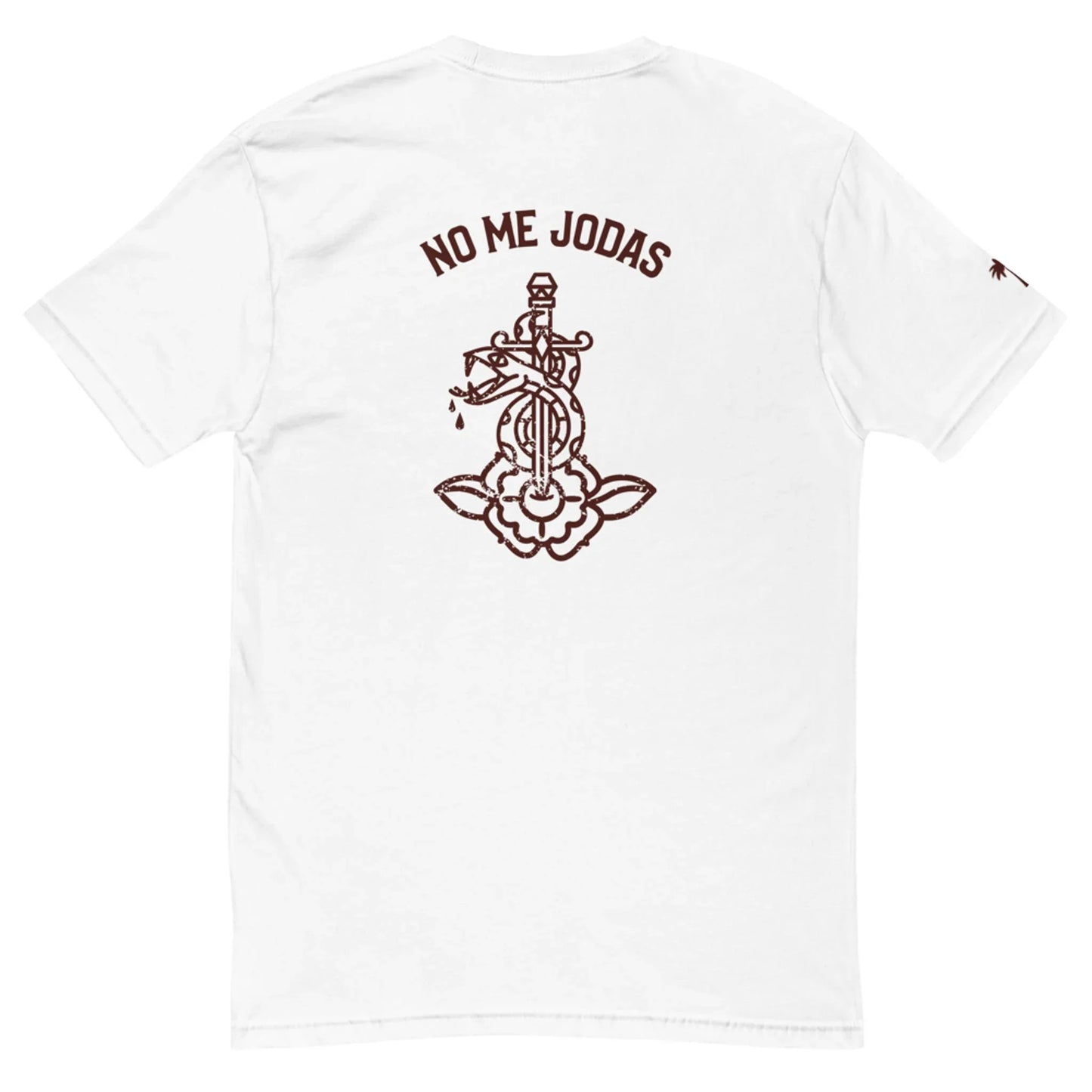 The Printful No Me Jodas Fitted Graphic Tee for men features soft cotton and a striking dark brown dagger-through-flower graphic with NO ME JODAS above—perfect for fans of clever, standout designs.