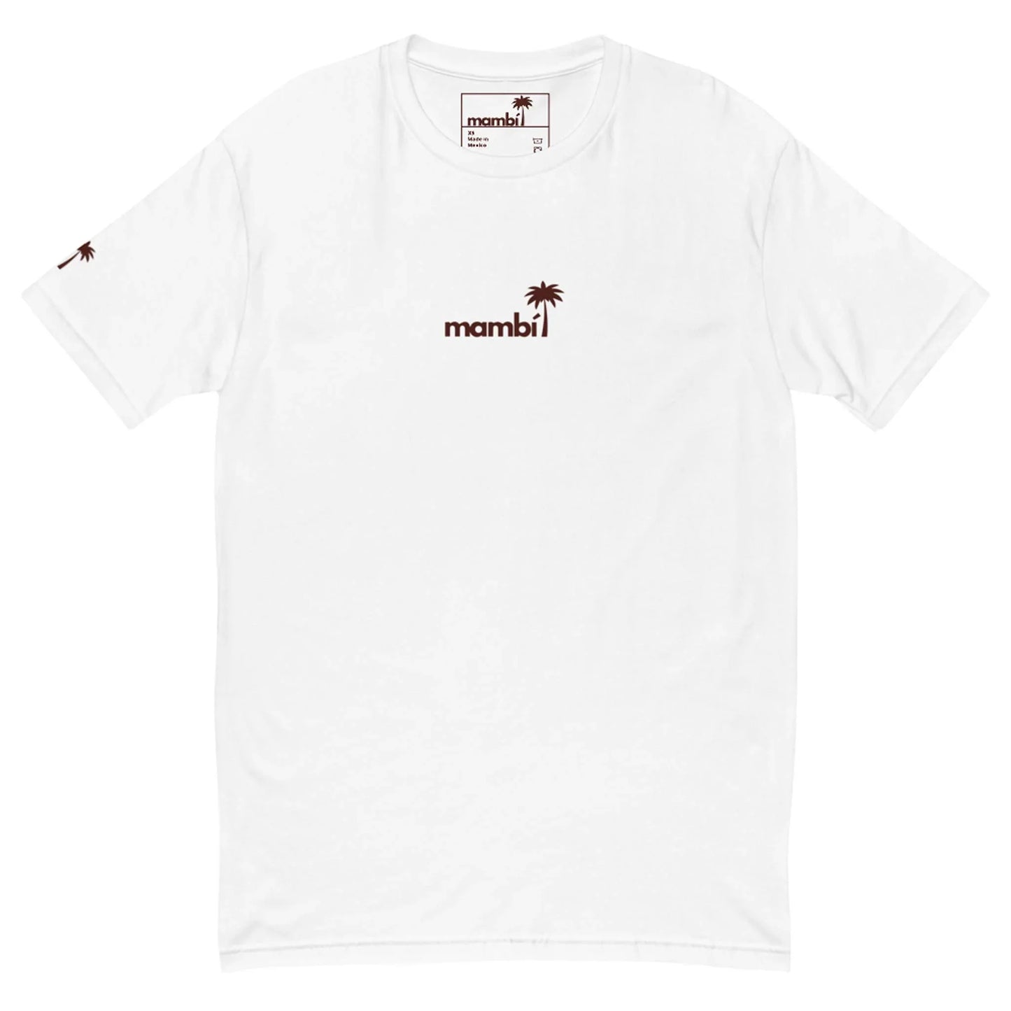 The No Me Jodas Fitted Graphic Tee by Printful is a white cotton men’s shirt with “mambi” in dark text and a palm tree graphic above the right. Features clever left chest and right sleeve designs, plus a visible inside collar label.
