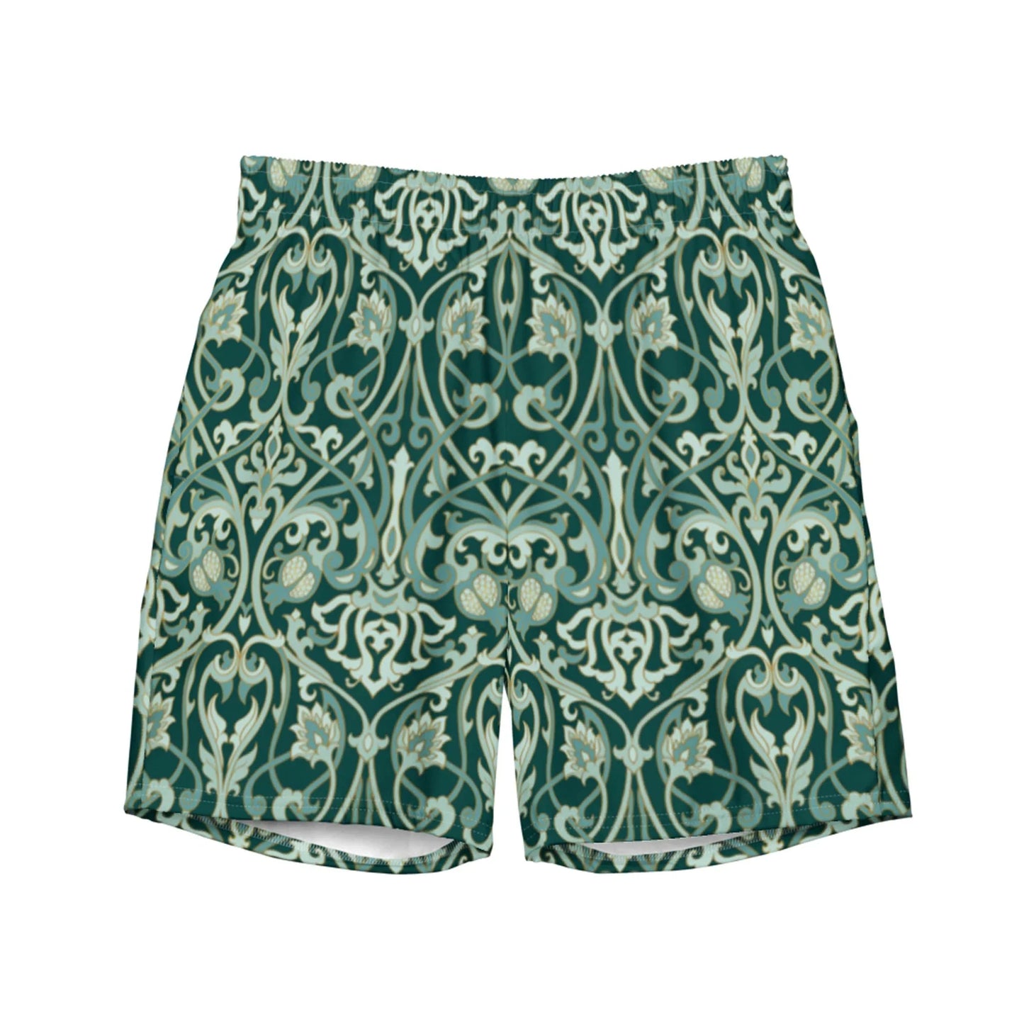 The Oz Swim Trunks by Printful feature an ornate, symmetrical vintage floral pattern in green and cream, with stylized vines and flowers. Made from water-repellent fabric for comfort in and out of the water.