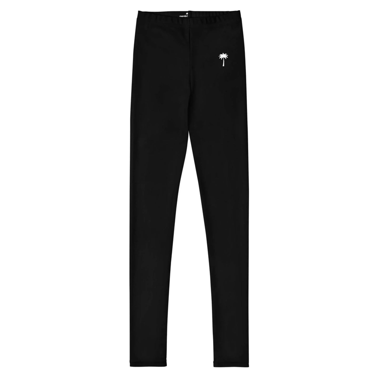Black Mambí leggings featuring a small white palm tree graphic on the left hip, displayed against a plain white background.