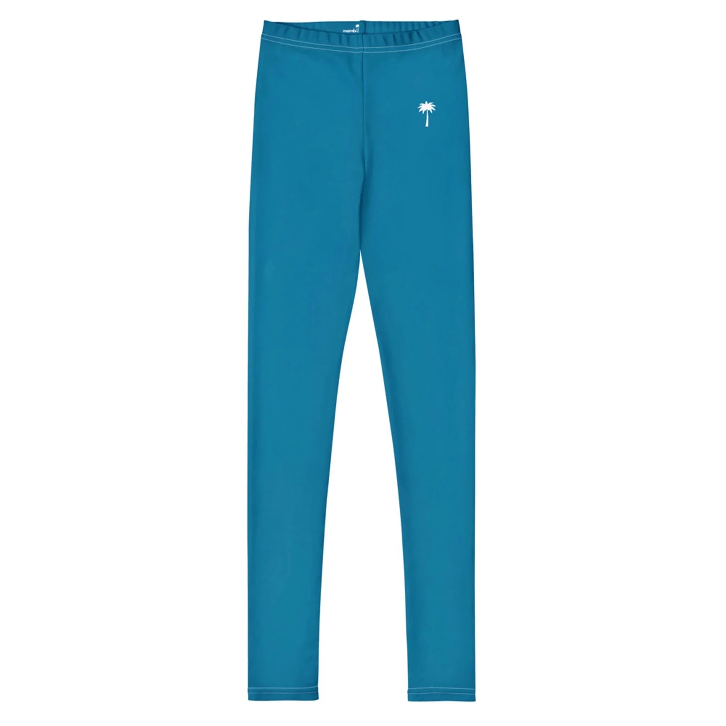 Bright blue Mambí leggings with a straight cut and a small white palm tree graphic on the left hip area, displayed on a plain white background.