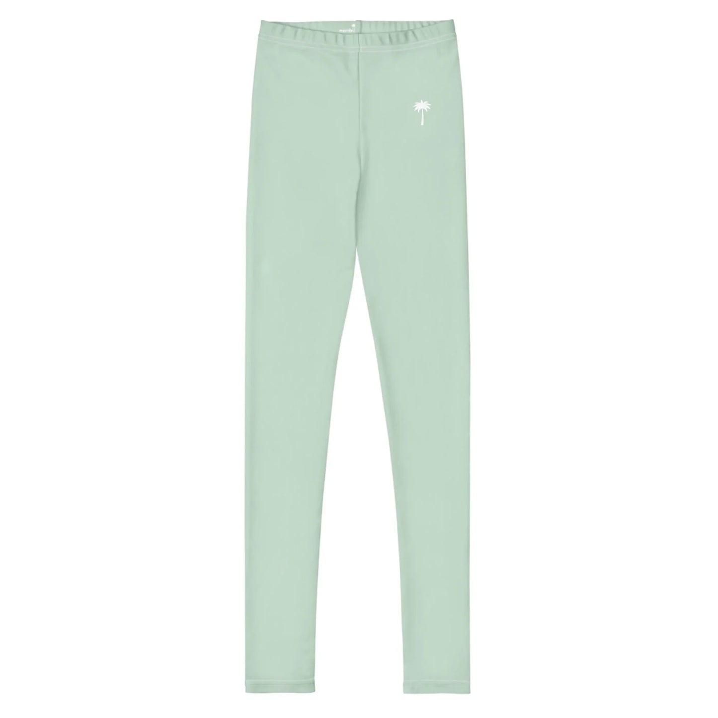 Light green high-waisted Mambí leggings with a small white palm tree graphic on the left hip, displayed on a plain white background.