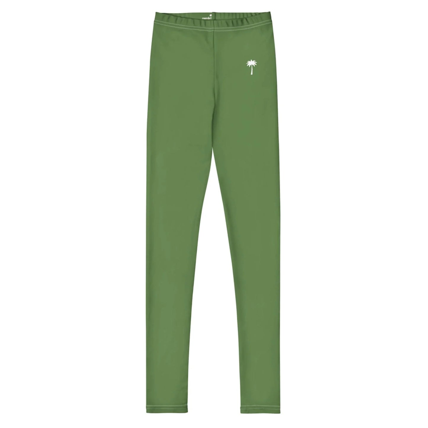 Green leggings with a fitted design, featuring a small white palm tree graphic on the left hip area. These Mambí leggings have a simple, seamless appearance and are displayed on a plain white background.