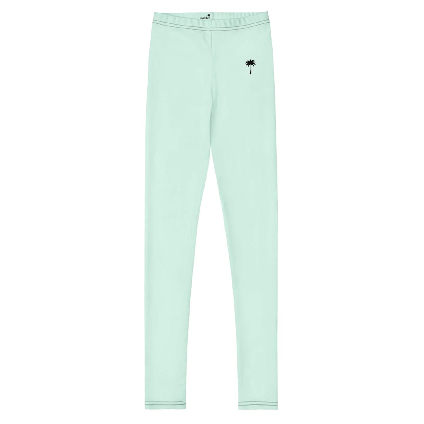Light blue Mambí leggings featuring a small black palm tree graphic on the left hip. These leggings offer a simple, slim-fitting design with no visible patterns or extra details.