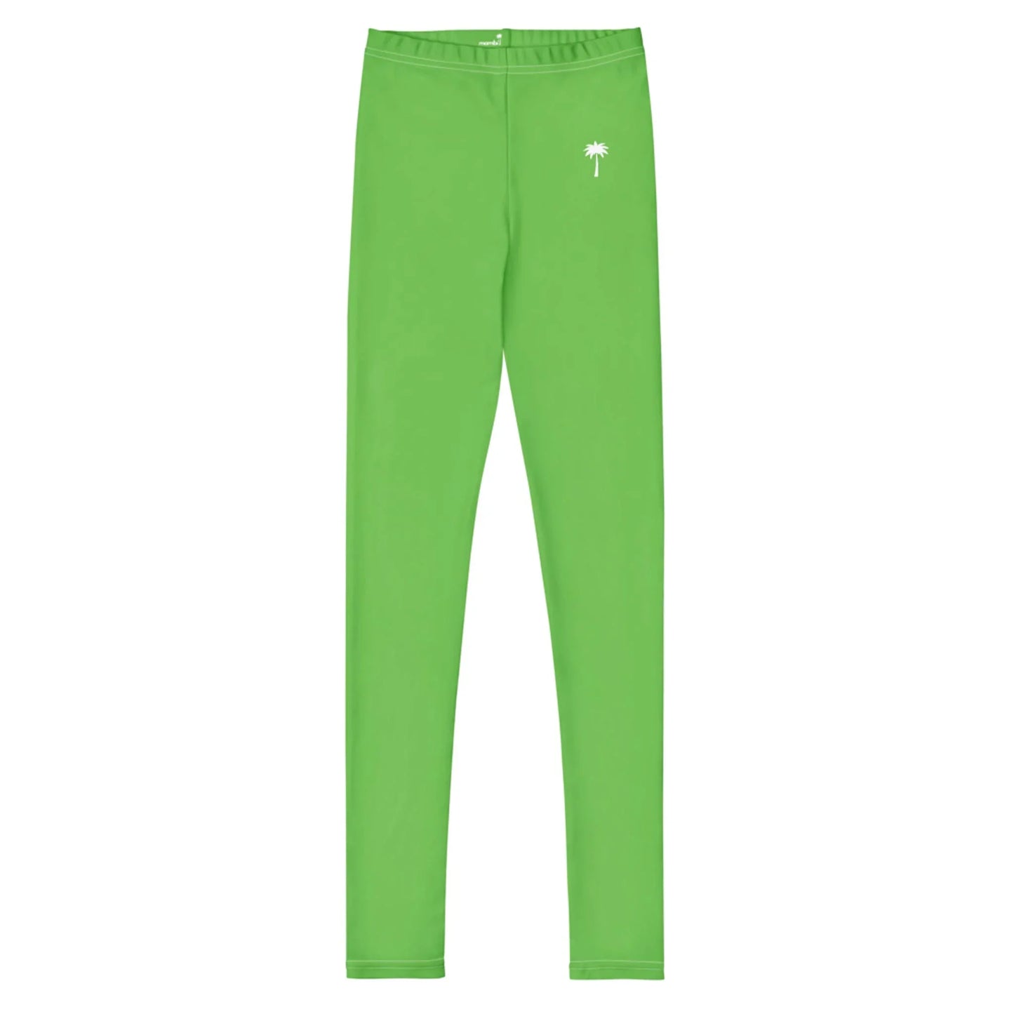 Mambí bright green leggings featuring a small white palm tree graphic on one hip, displayed on a plain white background.