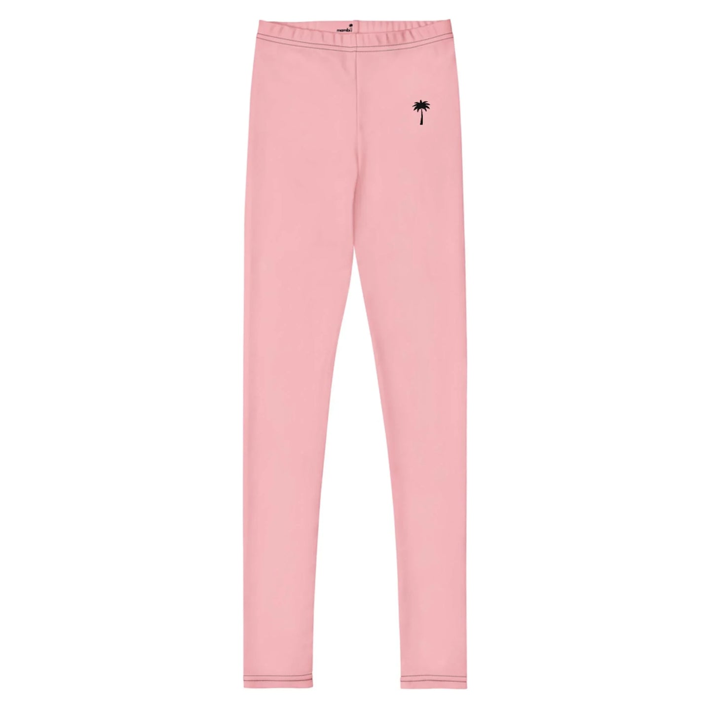 Pink leggings with a simple design, featuring a small black palm tree graphic on the left hip and subtle Mambí flair, displayed on a plain white background.