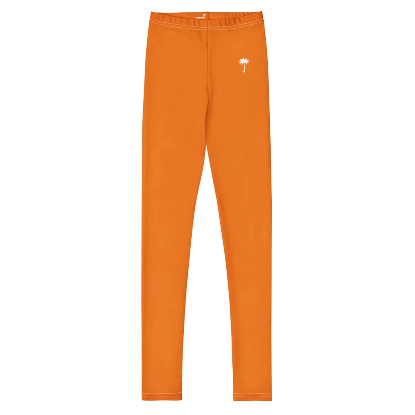 Bright orange Mambí leggings with a slim fit and a small white palm tree graphic on the left hip. The background is white.