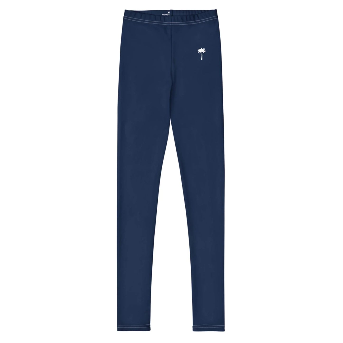 Navy blue Mambí leggings with a small white palm tree graphic on the left hip, displayed on a white background.