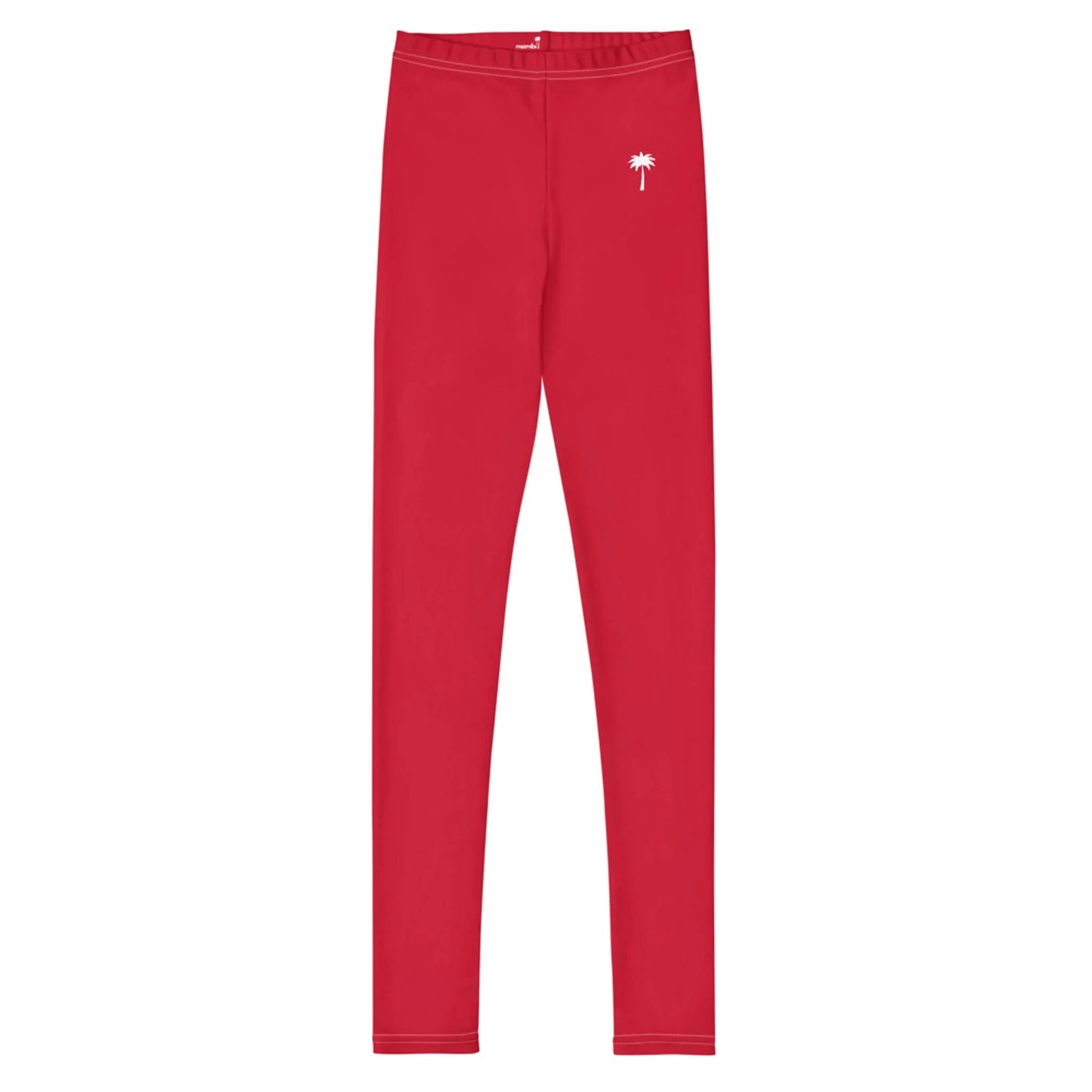 Bright red Mambí leggings featuring a small white palm tree graphic on the left hip, displayed on a plain white background.