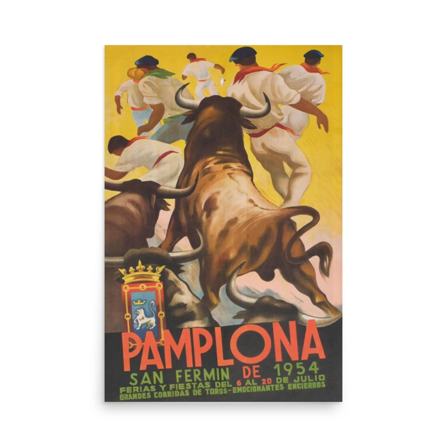 The Pamplona reprinted vintage poster by Printful captures the 1954 San Fermin festival with bulls and runners, bold yellow and red event dates, beautifully reproduced on premium luster paper in a 24x36 format.