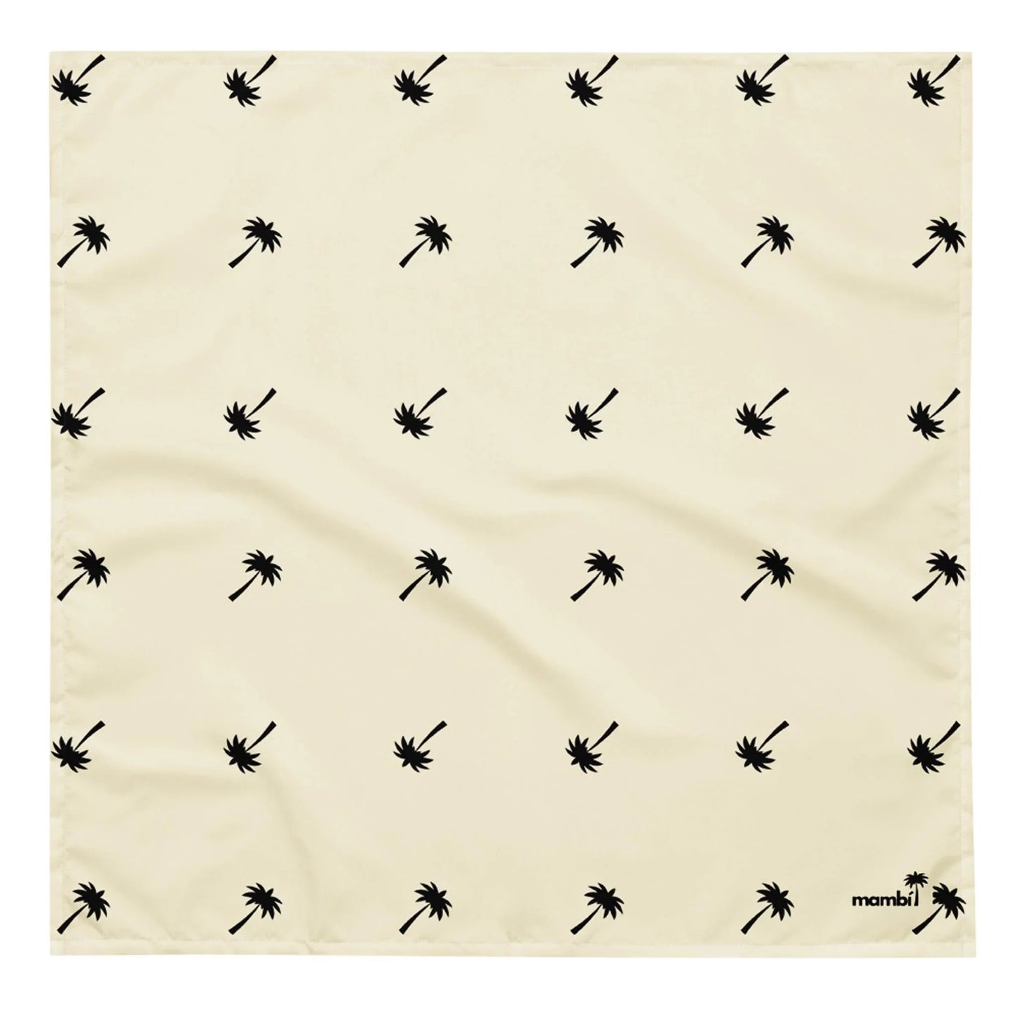 A cream-colored square cloth with a repeating pattern of small black palm trees evenly spaced. The word Mambí is printed in black in the lower right corner.