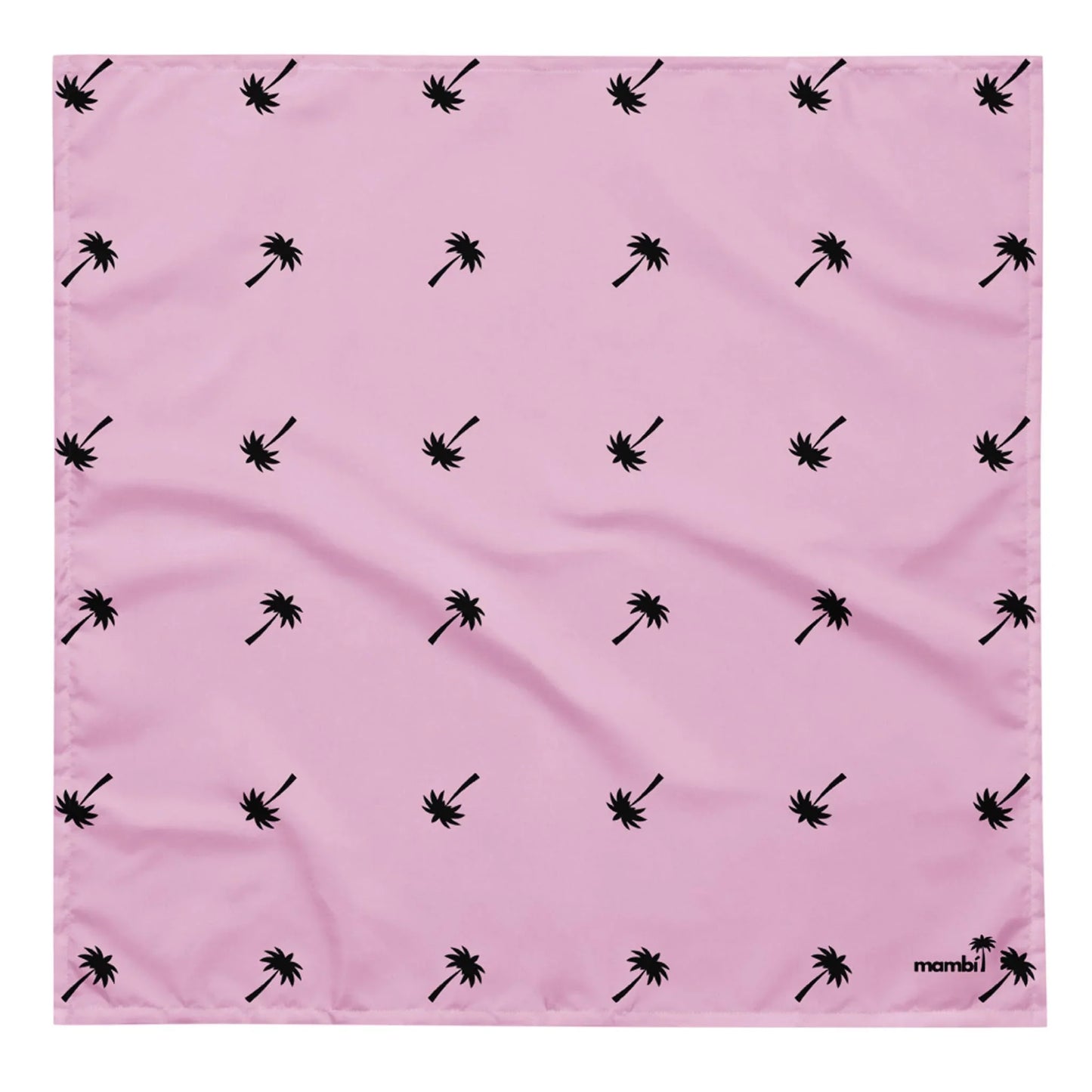 A pink square cloth featuring a repeating pattern of small black palm trees, with the word Mambí and a palm tree logo in the bottom right corner.