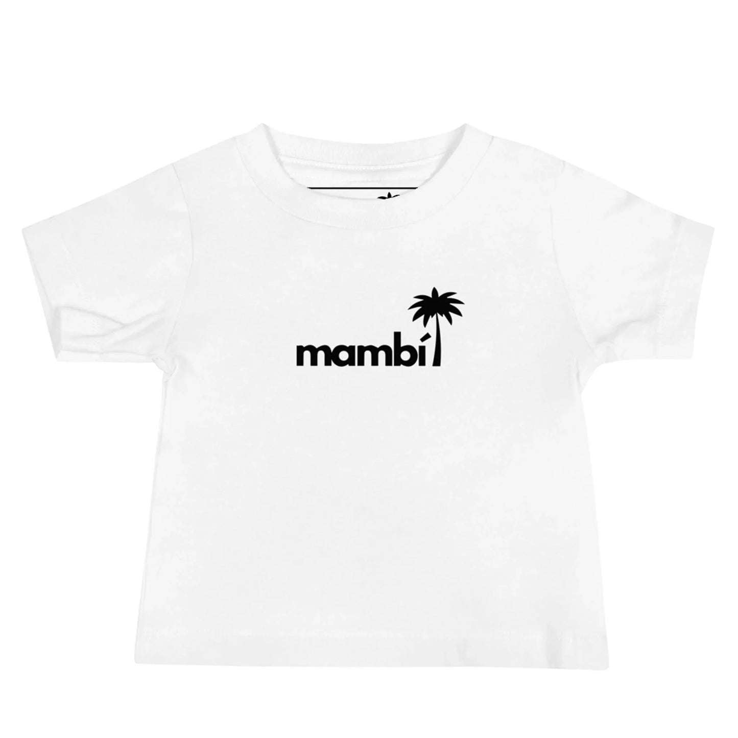 White toddler t-shirt featuring the word Mambí in black lowercase letters, with a black silhouette of a palm tree replacing the letter i.