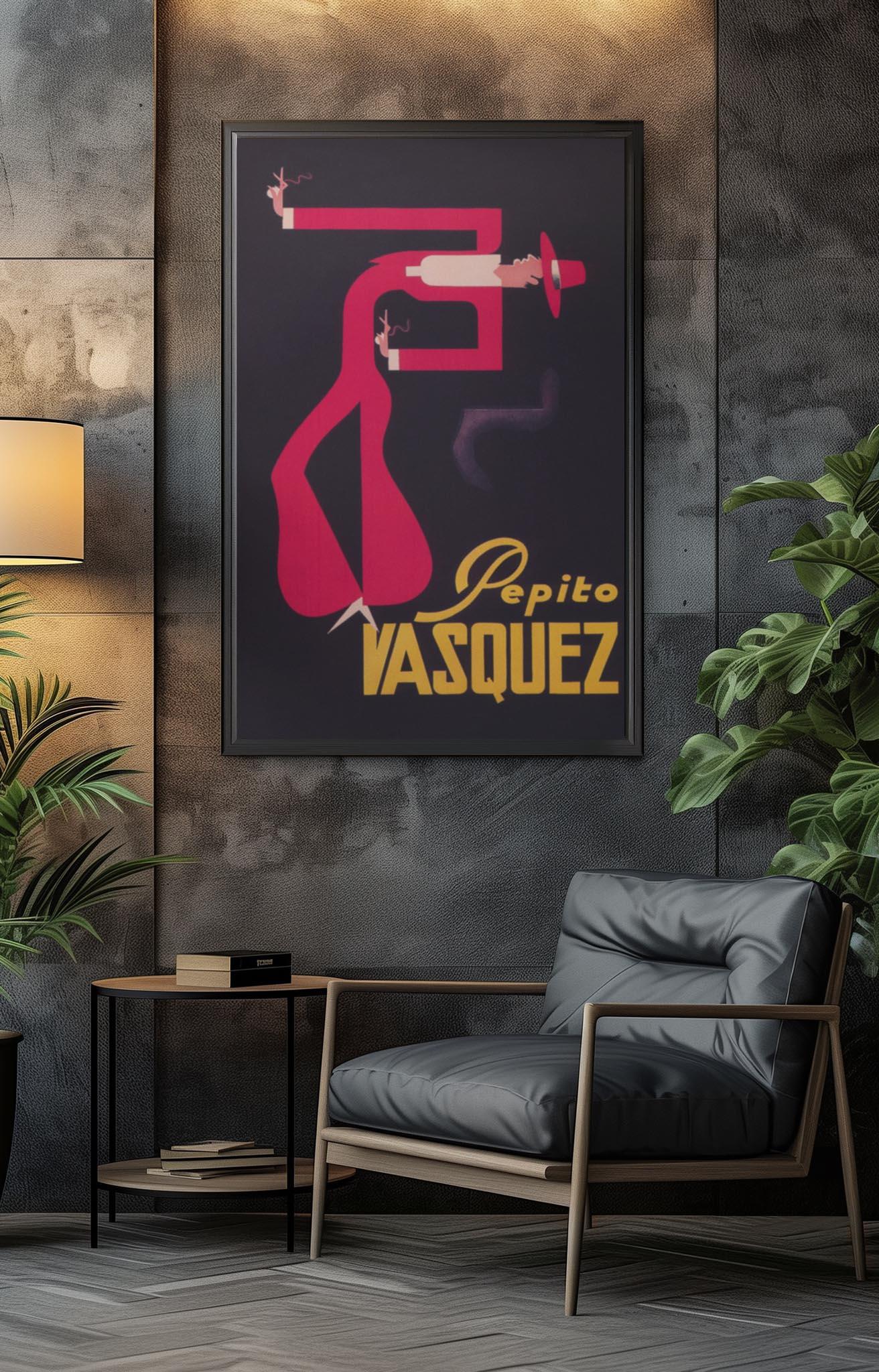 A framed poster featuring abstract art of Mambí Pepito Vasquez in a hat with a trumpet hangs on a dark wall above a chair, table, books, and potted plants in a modern room.