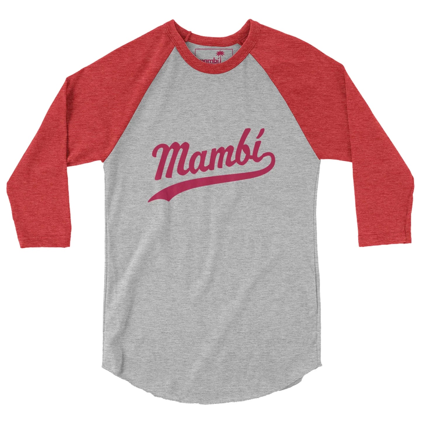 A baseball-style shirt with red three-quarter sleeves and a light gray body, featuring Mambí printed in bold, cursive red letters across the chest.