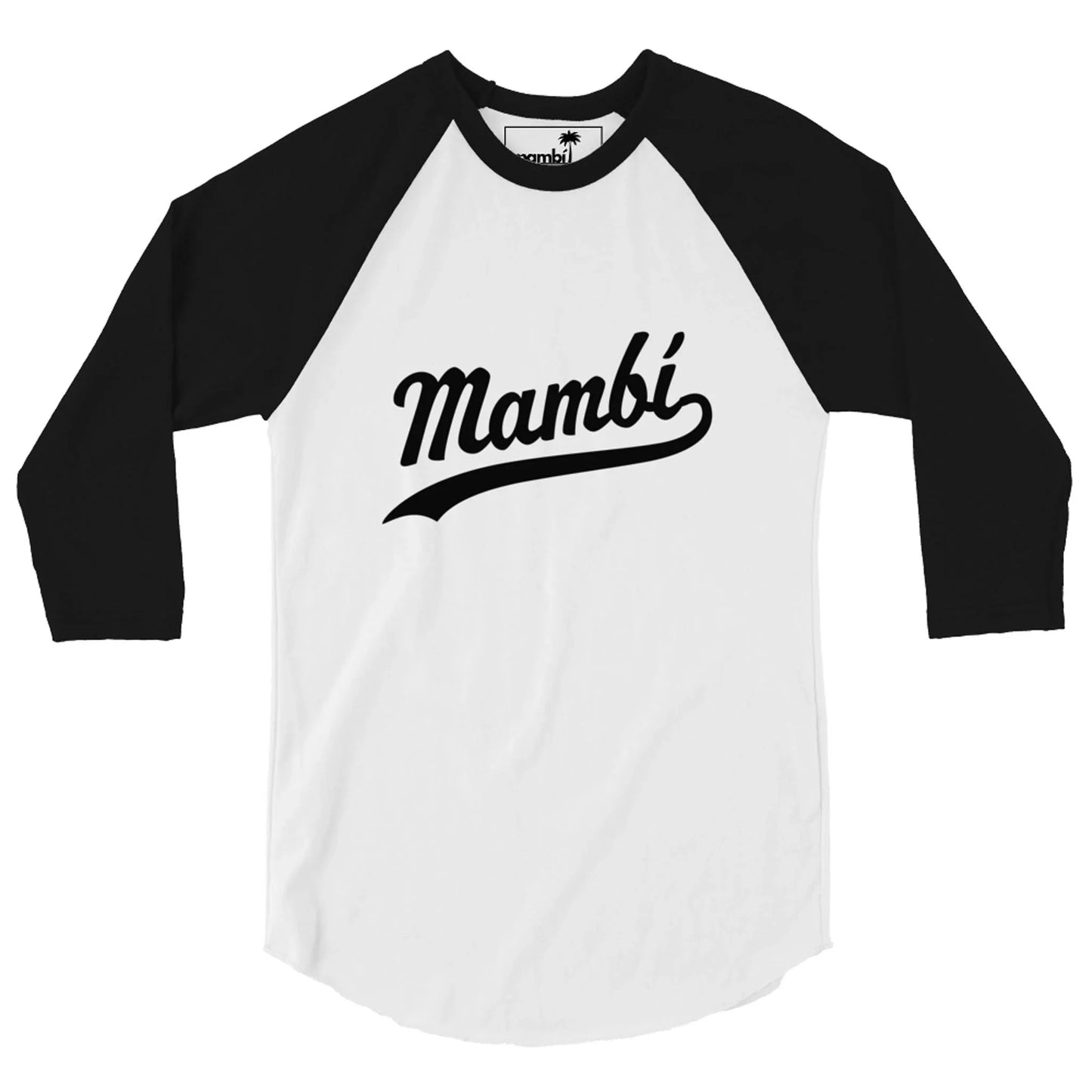 A white baseball-style raglan shirt with black sleeves, featuring “Mambí” in bold, black script across the chest.