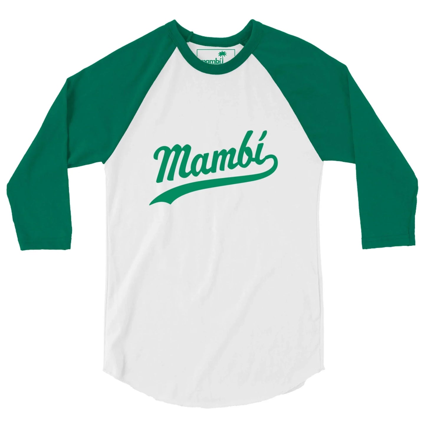 A white baseball-style shirt with green three-quarter sleeves, featuring Mambí in bold green cursive text across the chest.