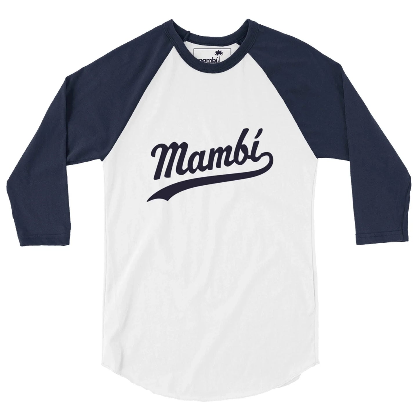 A white baseball-style shirt with black three-quarter sleeves, featuring Mambí in bold, cursive black letters across the chest.